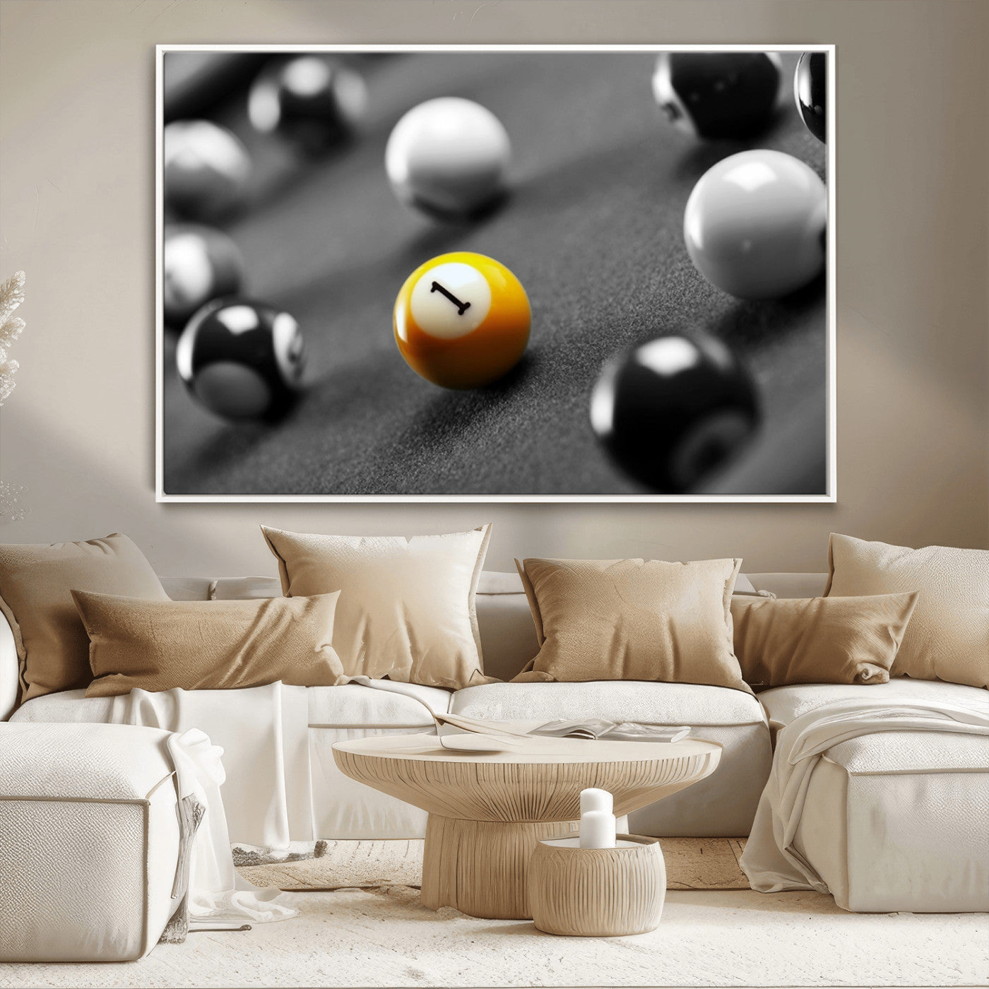 52108-MGV-CV-36X24-Precision Pool Table Wall Art – Close Up Yellow 1 Ball Canvas Print, Hand-Played Billiards Game Decor for Office, Game Room, or