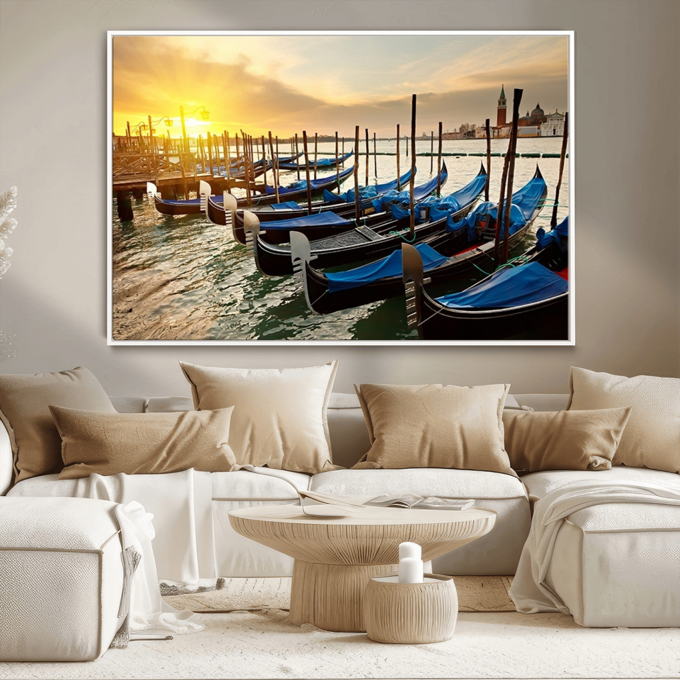 25872-MGV-CV-36X24-Venetian Gondola Dock Wall Art – Serene Sunset Canal Canvas Print, Tranquil Water Travel Decor for Office, Living Room, or Man