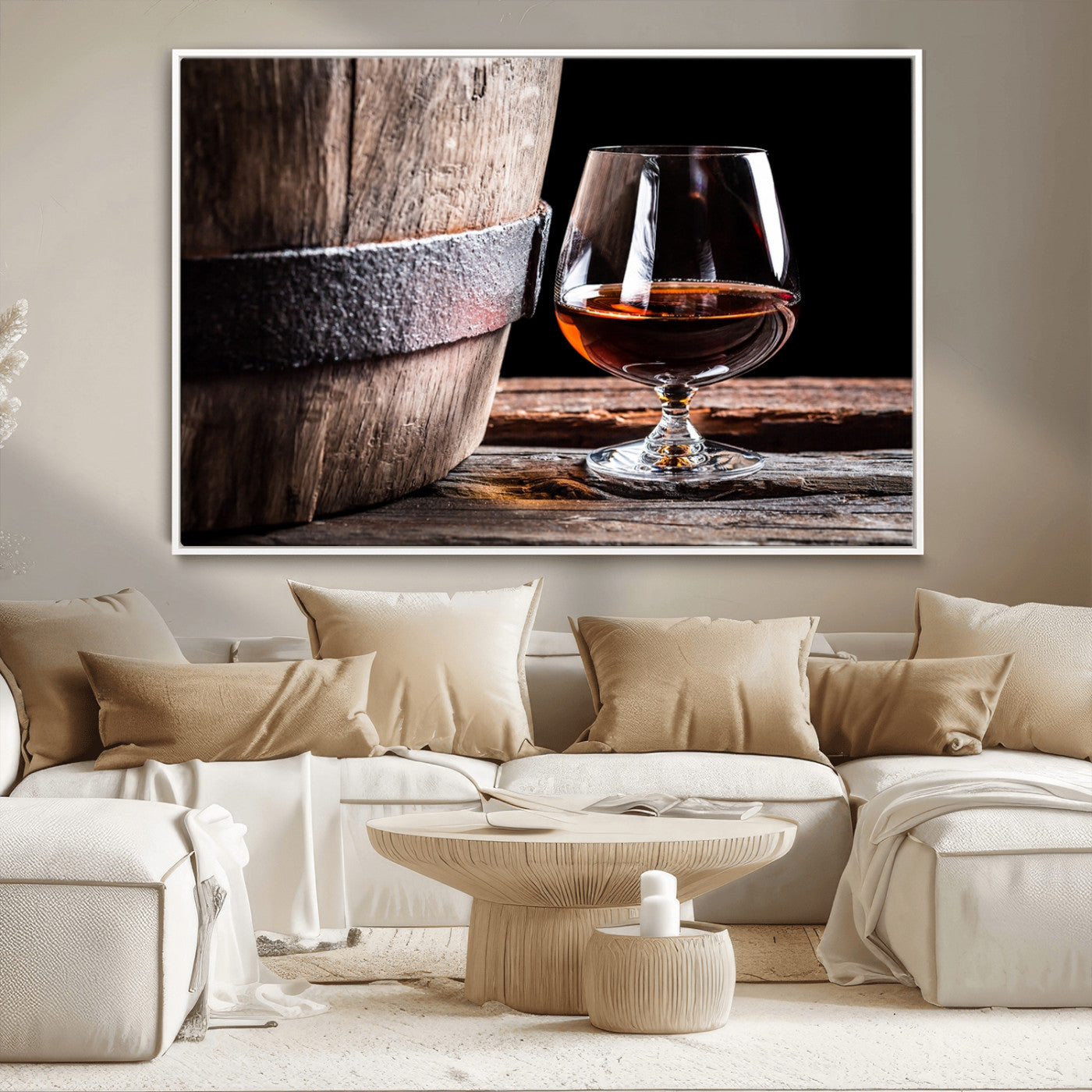 50839-MGV-CV-36X24-Barrel & Brandy Wall Art – Rustic Whiskey Barrel and Brandy Glass Canvas Print, Elegant Home Bar or Lounge Decor for Office, Man