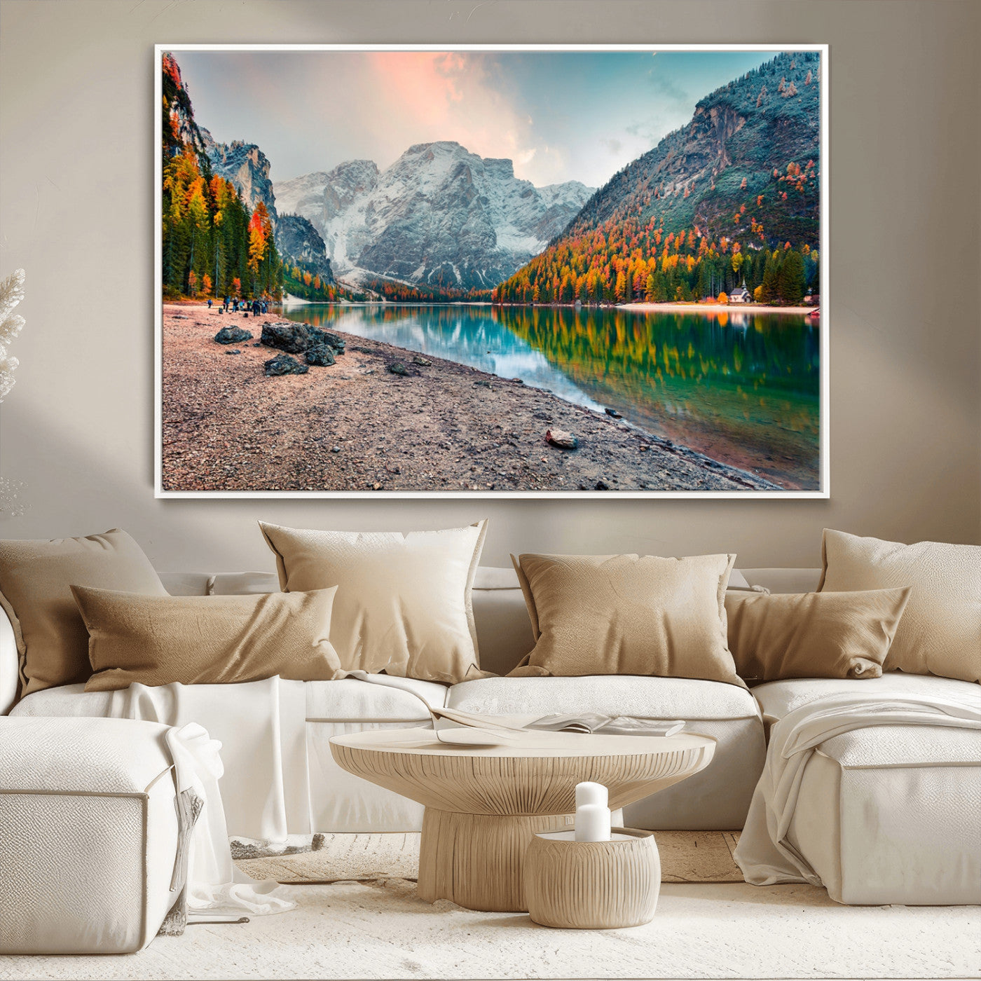 25982-MGV-CV-36X24-Autumn Mountain Lake Wall Art – Panoramic Fall Foliage and Snowy Peaks Canvas Print, Scenic Nature Decor for Living Room or Office