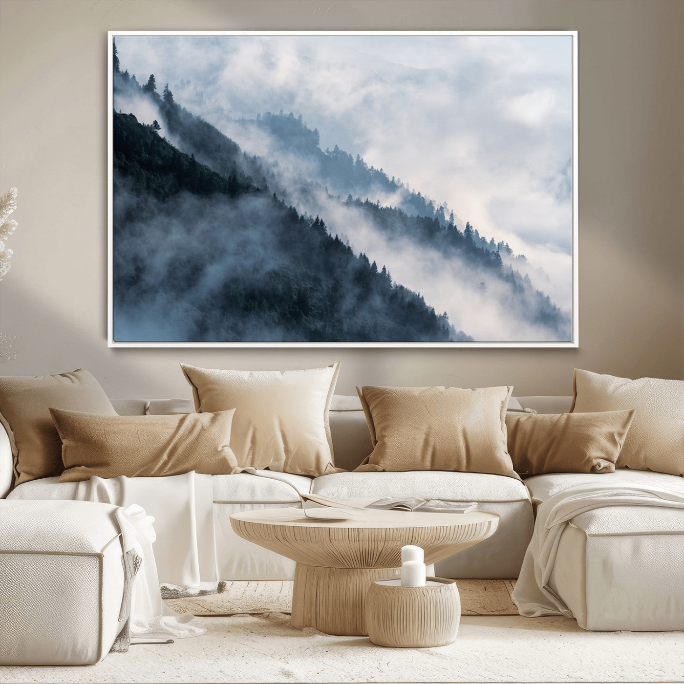 85737-MGV-CV-36X24-Misty Mountain Wall Art – Atmospheric Pine Forest Canvas Print with Fog and Mist, Calm Nature Decor for Living Room, Bedroom,