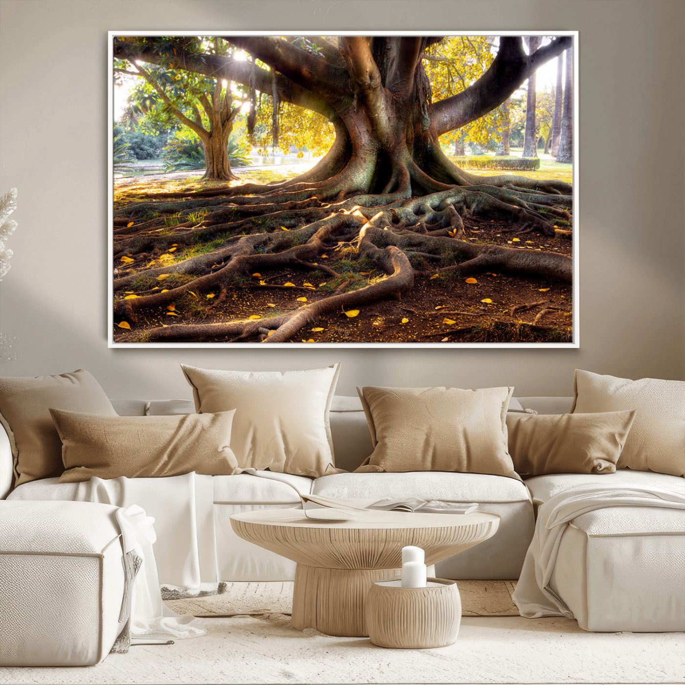 53335-MGV-CV-36X24-Majestic Tree with Sprawling Roots Wall Art – Serene Sunlit Park Scene, Nature Canvas Print, Perfect for Living Room, Office or