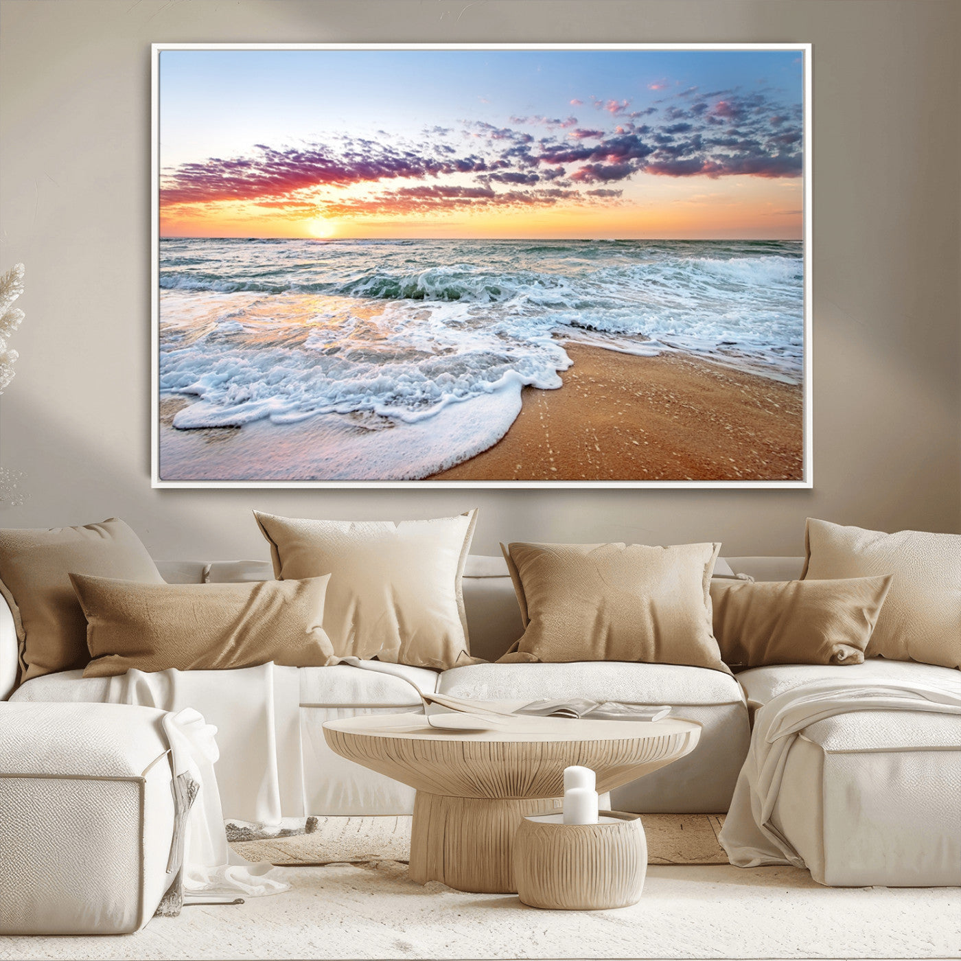 39560-MGV-CV-36X24-Sunrise Beach Wall Art – Vibrant Ocean Waves and Golden Sand Canvas Print, Seaside Coastal Decor for Living Room, Bedroom or