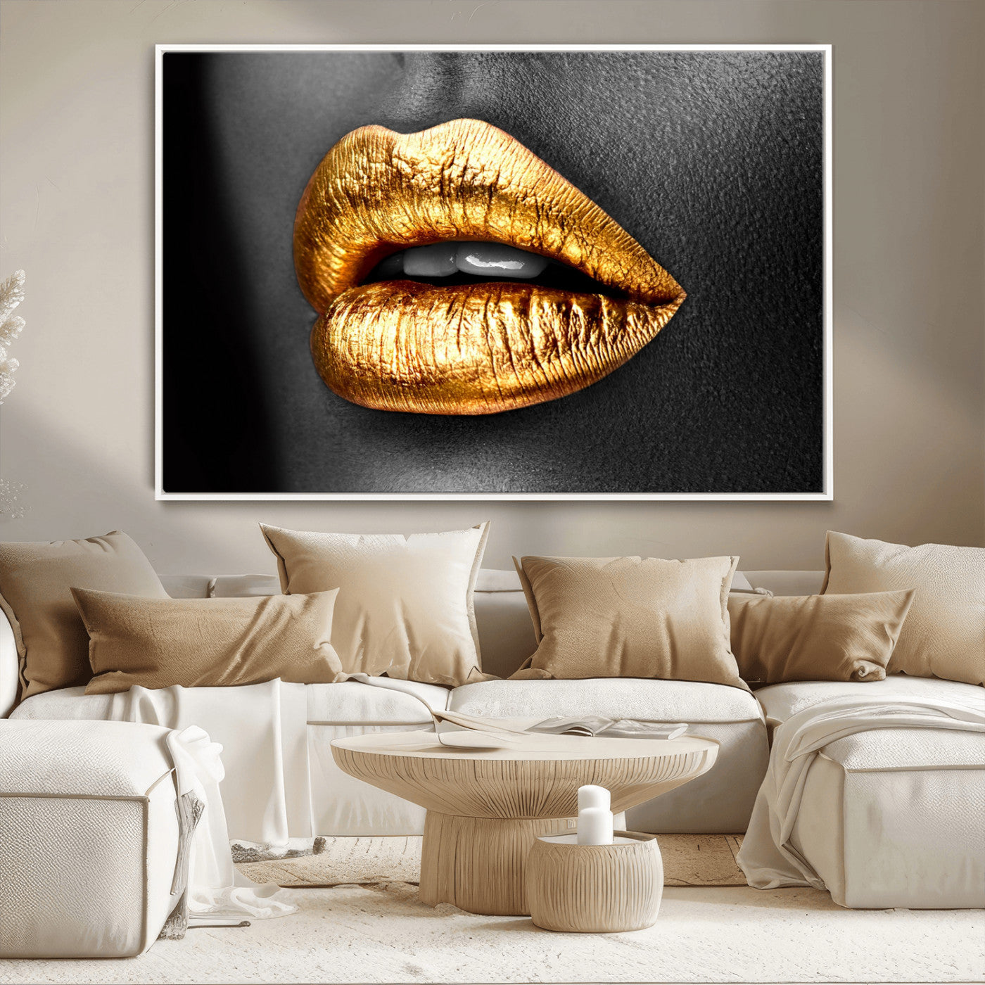 84747-MGV-CV-36X24-Golden Lips Black & White Portrait – Glamorous Metallic Lip Art Print, Modern Wall Decor for Bedroom, Beauty & Fashion Lover Gift