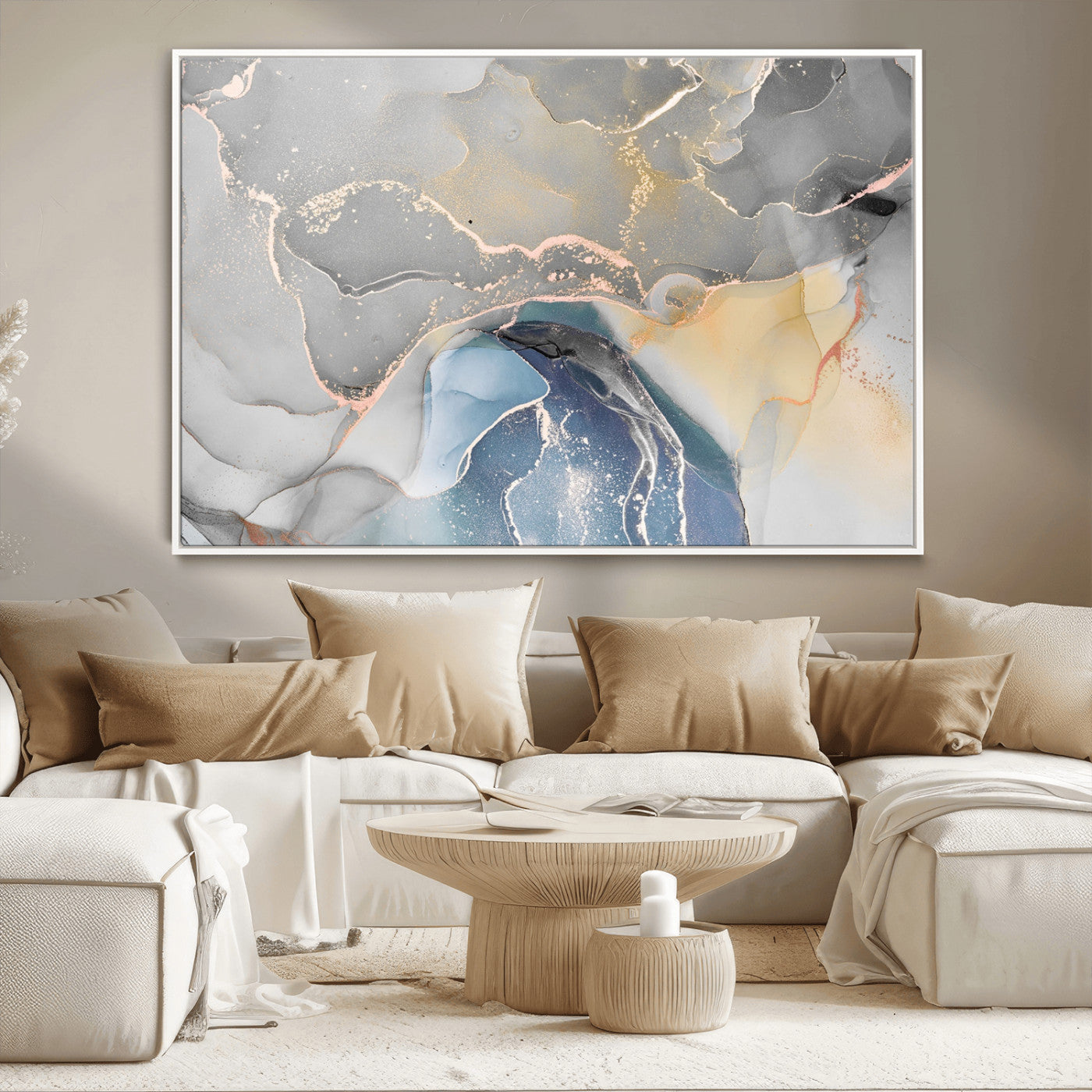 63211-MGV-CV-36X24-Abstract Fluid Art Wall Decor – Blue, Gray & Gold Canvas Print, Modern Home and Office Wall Art Decor for Living Room, Bedroom or