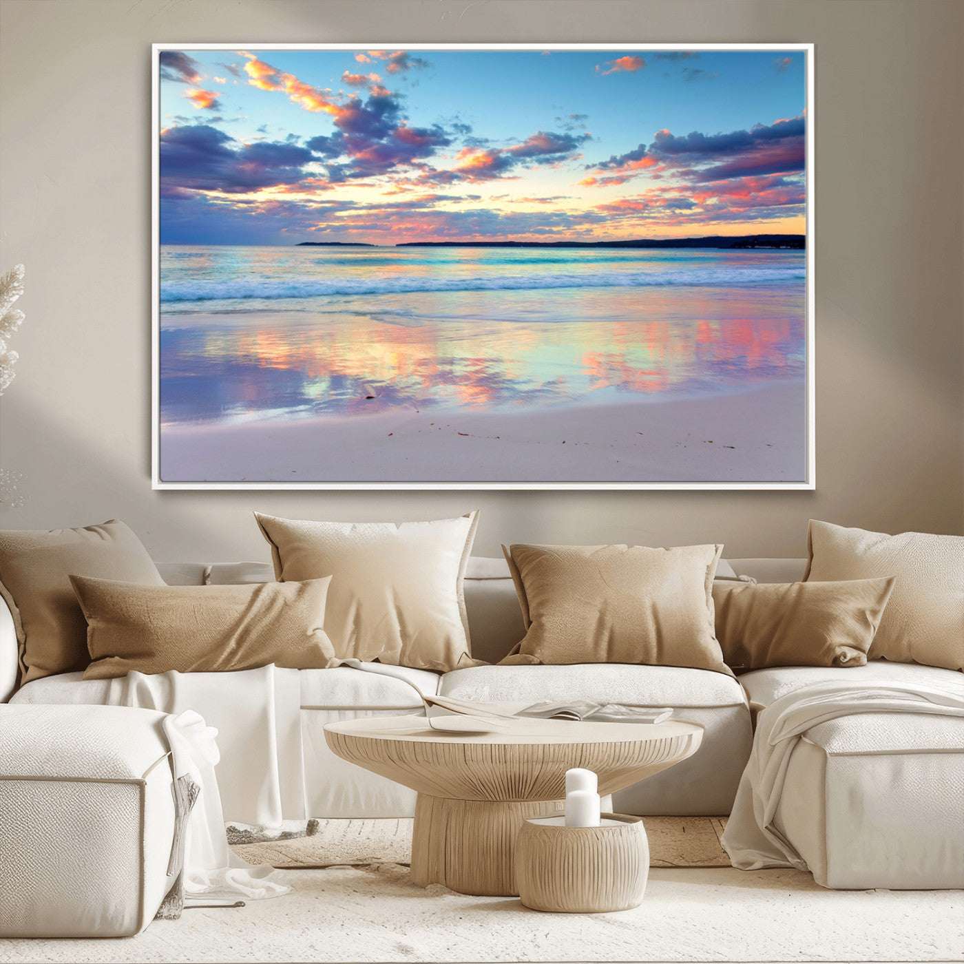 64882-MGV-CV-36X24-Tranquil Sunset Beach Wall Art – Panoramic Ocean Reflection Canvas Print, Calm Coastal Decor for Bedroom, Living Room or Office