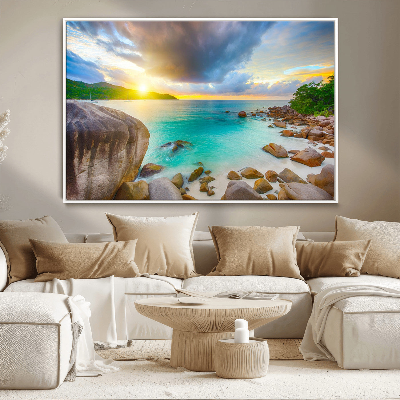23769-MGV-CV-36X24-Tropical Beach Sunset Wall Art – Serene Ocean Canvas Print, Coastal Landscape Decor for Living Room, Bedroom or Office, Peaceful