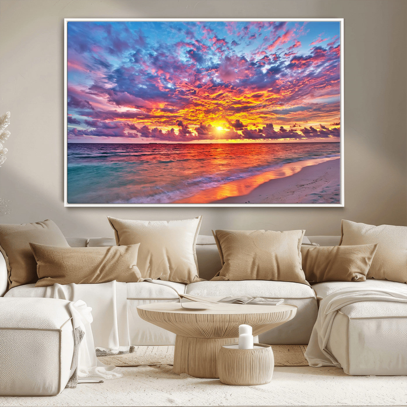 72836-MGV-CV-36X24-Fiery Sunset Beach Wall Art – Panoramic Vibrant Ocean Canvas Print, Dramatic Coastal Decor for Living Room, Bedroom or Office