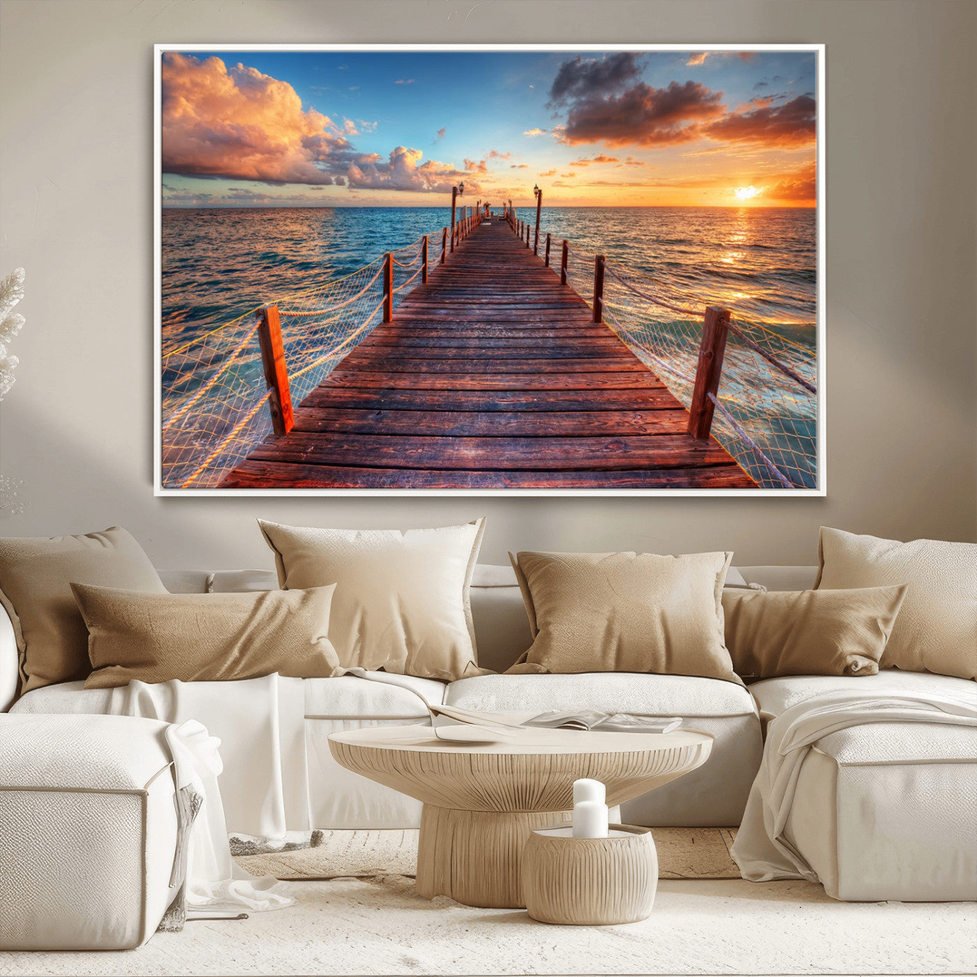 28836-MGV-CV-36X24-Ocean Pier Sunset Wall Art – Wooden Dock and Golden Horizon Canvas Print, Coastal Seascape Photography for Living Room, Bedroom,
