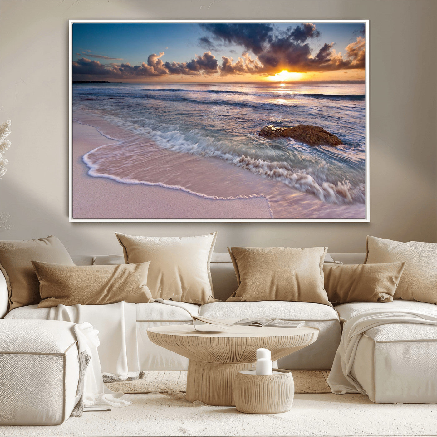 94906-MGV-CV-36X24-Sunrise Beach Wall Art – Panoramic Ocean Waves Canvas Print, Coastal Sunset Seascape Artwork for Living Room, Bedroom, or Office