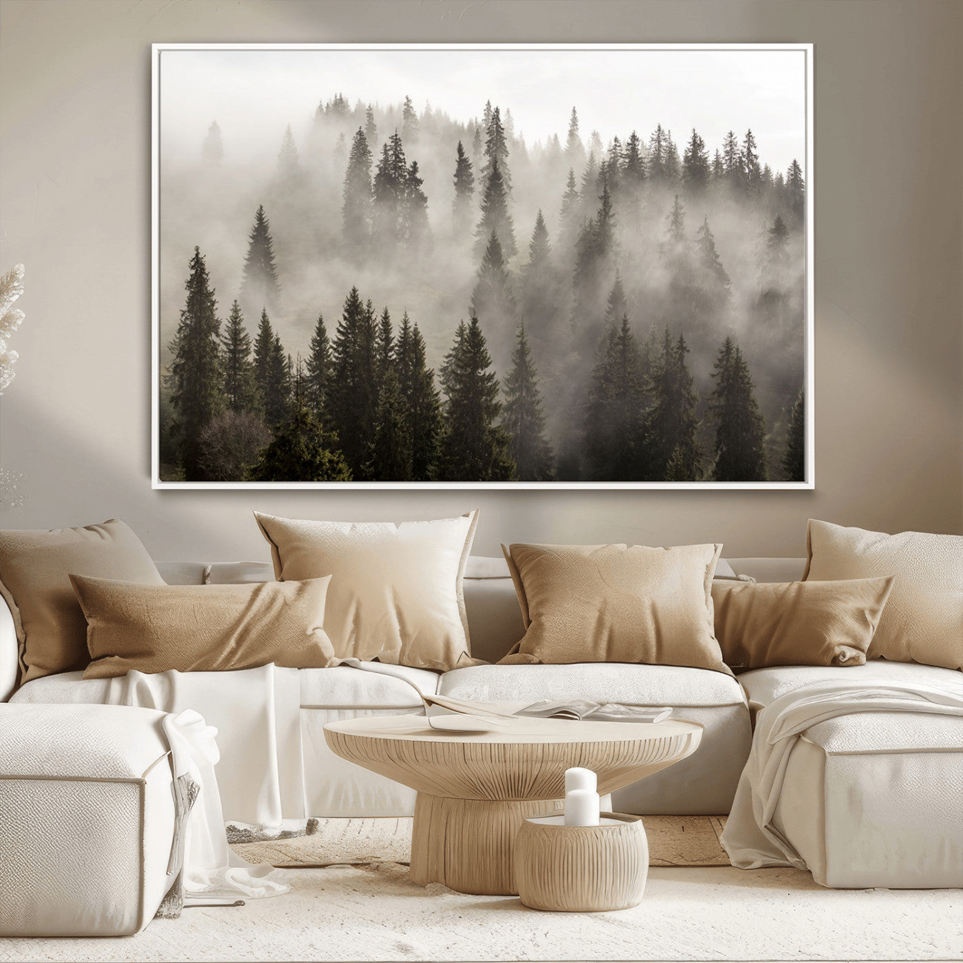 62862-MGV-CV-36X24-Misty Forest Wall Art – Tranquil Pine Tree Canvas Print with Mountain Fog, Nature Landscape Artwork for Living Room, Bedroom, or