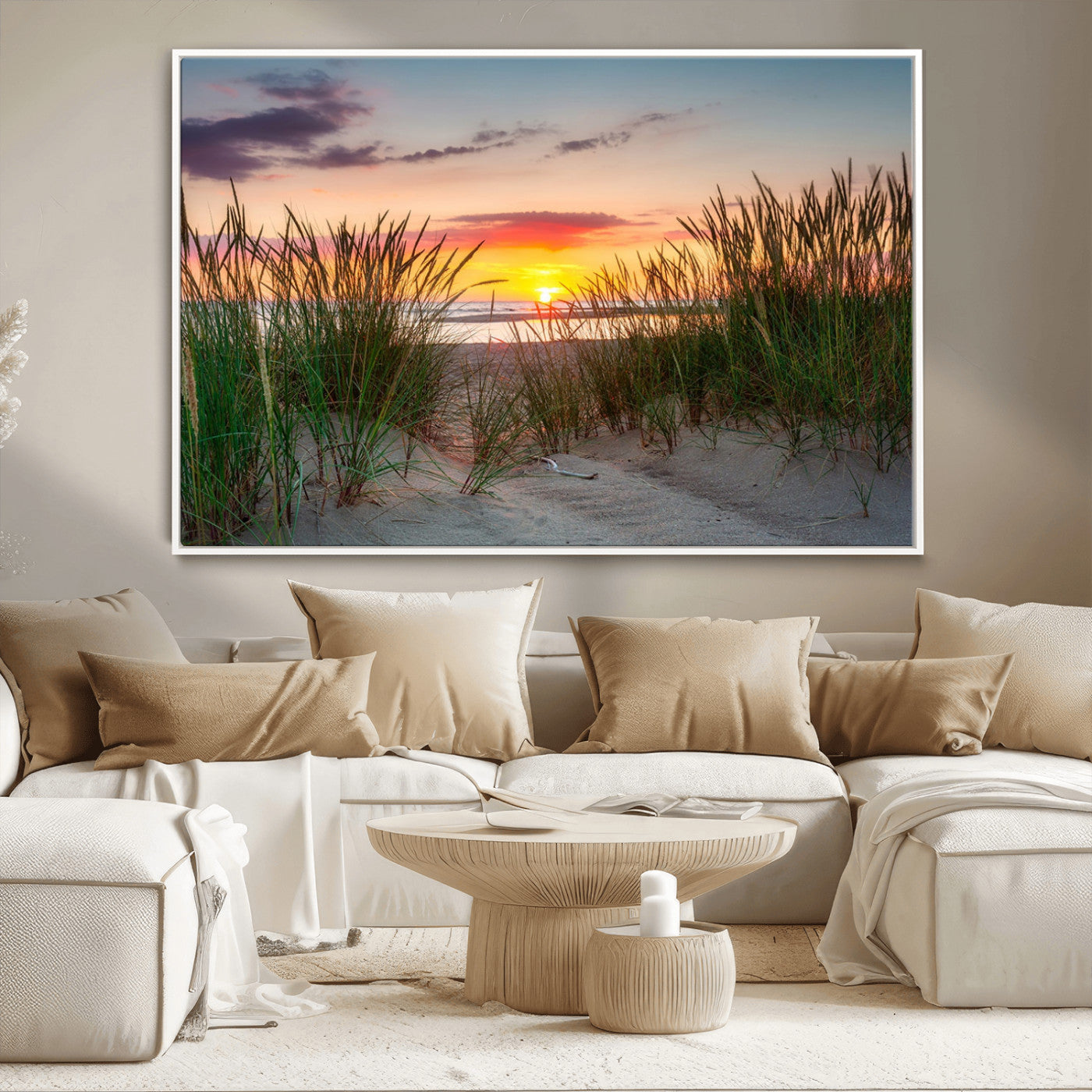 25576-MGV-CV-36X24-Beach Grass Sunset Wall Art – Coastal Sand Dune Landscape Canvas Print, Ocean View Nature Decor for Living Room or Office Wall