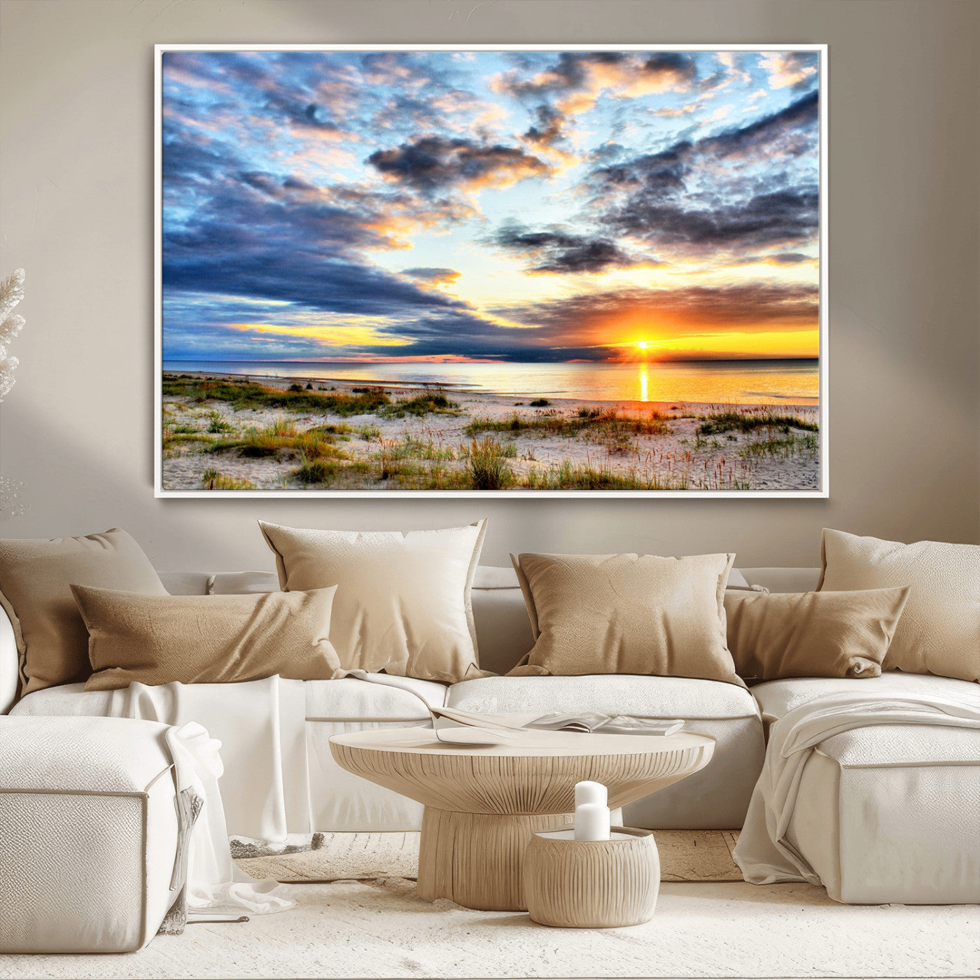 39645-MGV-CV-36X24-Golden Beach Sunset Wall Art – Serene Ocean Horizon Canvas Print, Coastal Nature Landscape Decor for Living Room, Bedroom or