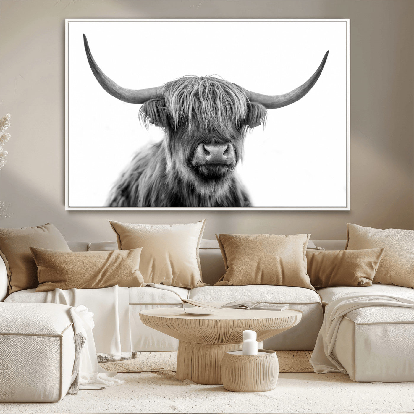 10123-MGV-CV-36X24-Black and White Highland Cow Wall Art – Modern Farmhouse Animal Print, Rustic Scottish Bull Canvas Decor for Living Room, Bedroom,