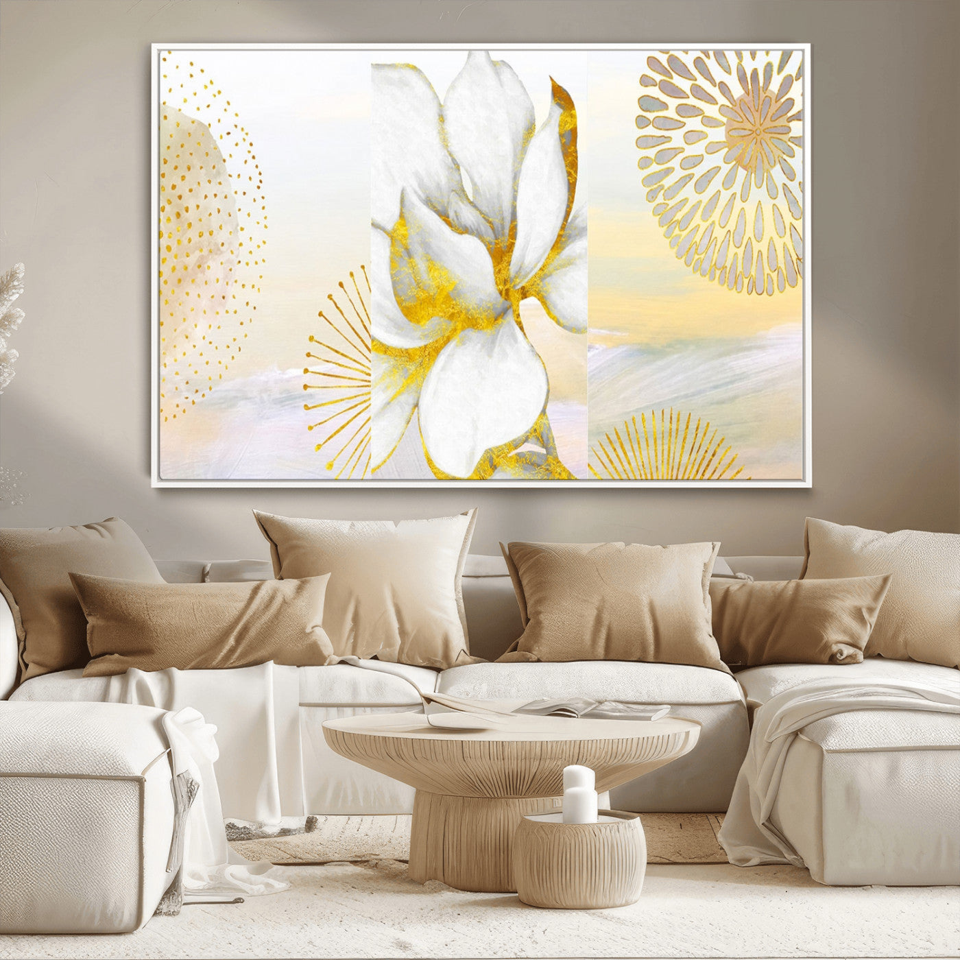 82301-MGV-CV-36X24-Modern Floral Wall Art – White Flower with Gold Detailing Canvas Print, Elegant Abstract Artwork for Living Room, Bedroom, or