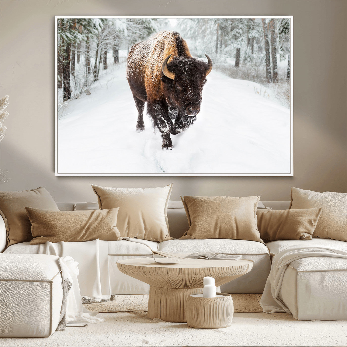 10109-MGV-CV-36X24-Majestic Bison Winter Wall Art – Snowy Forest Buffalo Canvas Print, Rustic Wildlife Photography Decor for Cabin, Lodge, Living