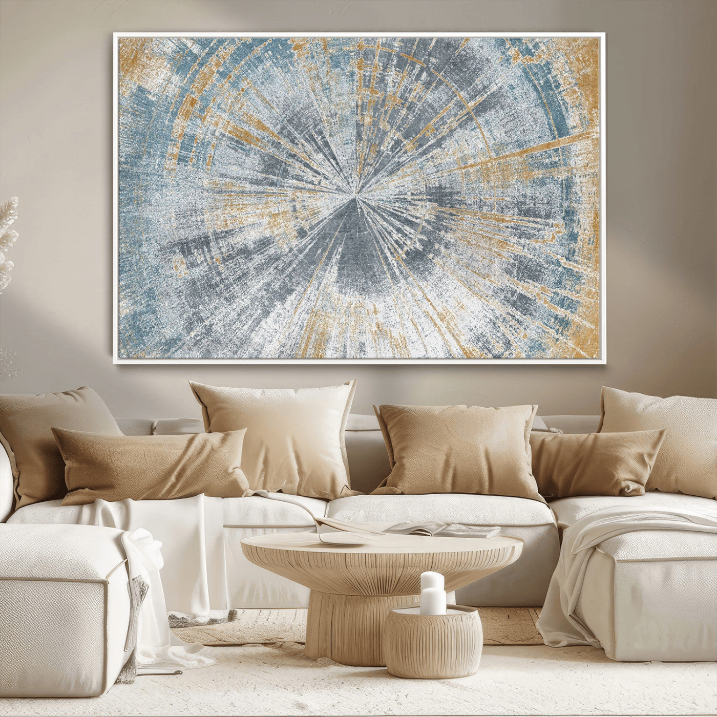 17631-MGV-CV-36X24-Radiant Burst Wall Art – Abstract Sunburst Canvas Print in Blue and Gold, Modern Geometric Painting for Living Room, Office or