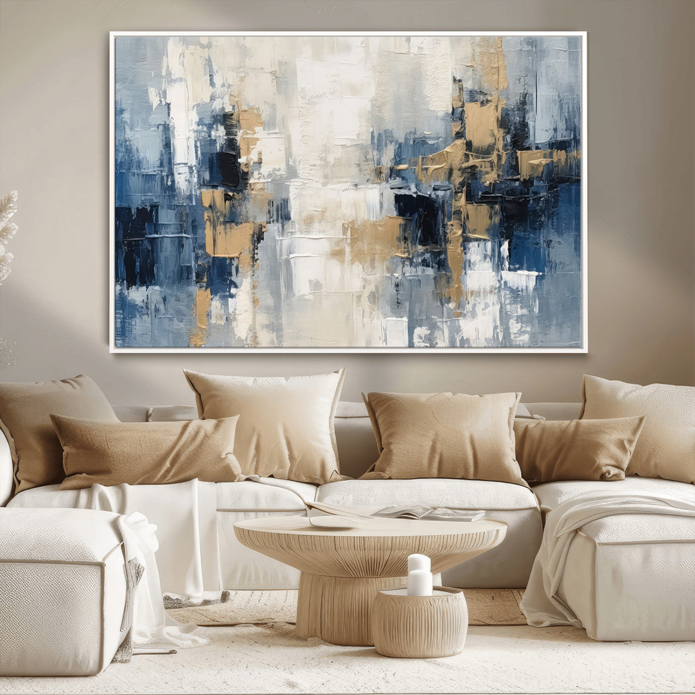 44344-MGV-CV-36X24-Abstract Blue and Gold Wall Art – Modern Hand Painted Canvas Print, Contemporary Textured Painting for Living Room, Bedroom or