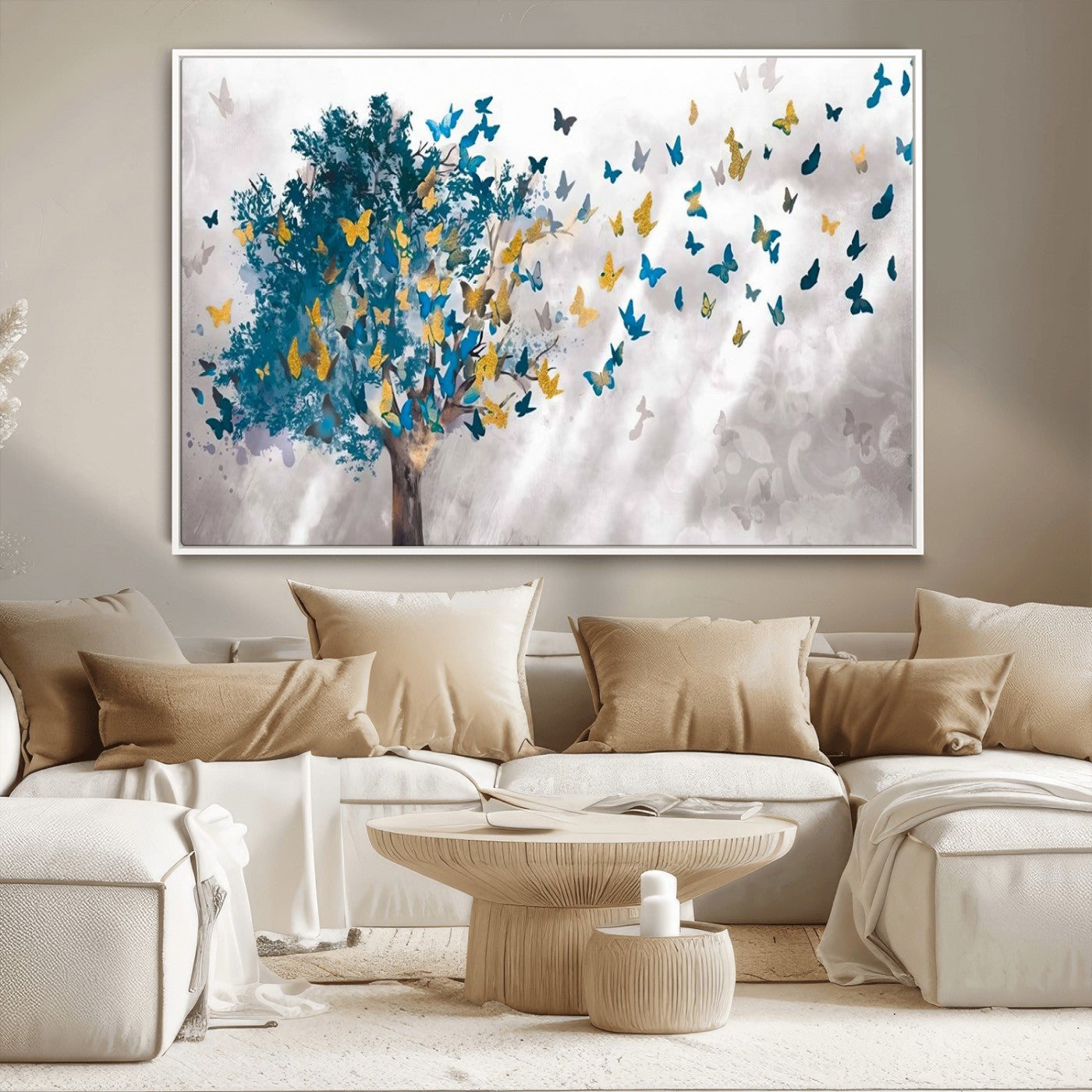 37564-MGV-CV-36X24-Butterfly Tree Wall Art – Modern Nature Canvas Print with Blue and Golden Butterflies, Elegant Decorative Painting for Living Room