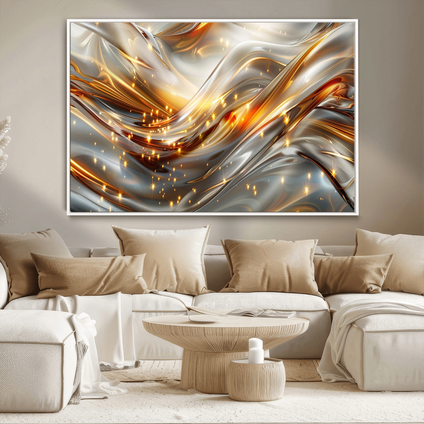 Lines1-MGV-CV-36X24-Abstract Metallic Wall Art – Silver and Gold Wave Canvas Print with Sparkling Accents, Modern Luxury Decor for Living Room, Office