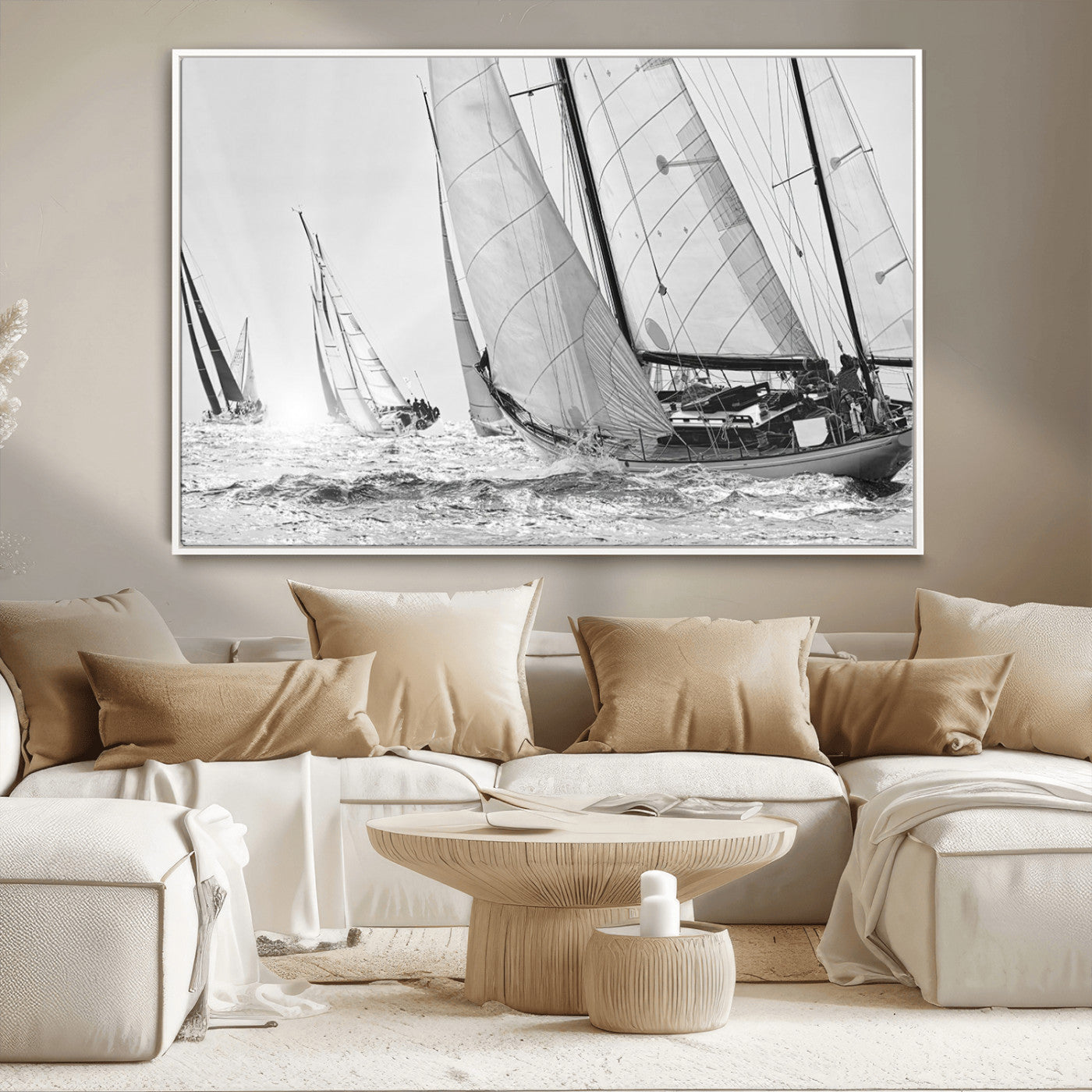 Boat-1-MGV-CV-36X24-Sailboat Racing Wall Art – Nautical Black and White Canvas Print, Ocean Adventure Decor for Office, Living Room or Bedroom
