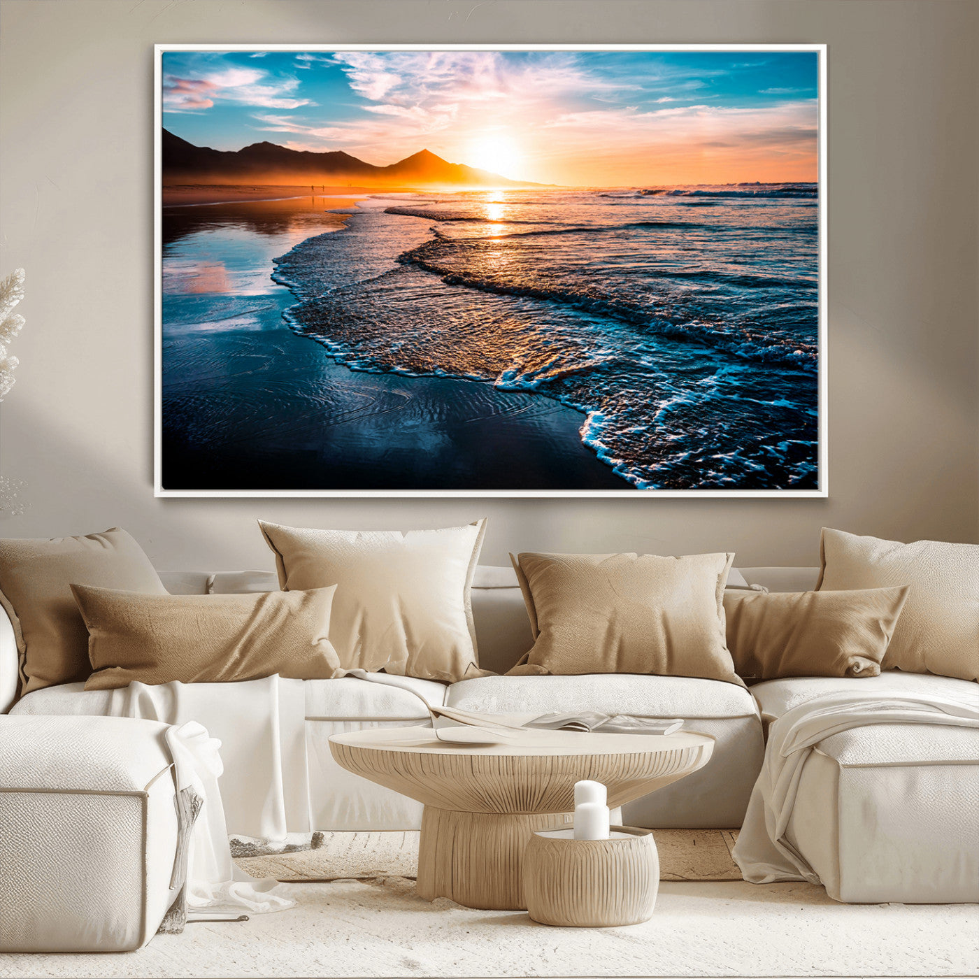 26494-MGV-CV-36X24-Ocean Sunset Wall Art – Scenic Beach Canvas Print with Waves and Mountains, Coastal Seascape Photography for Living Room, Bedroom