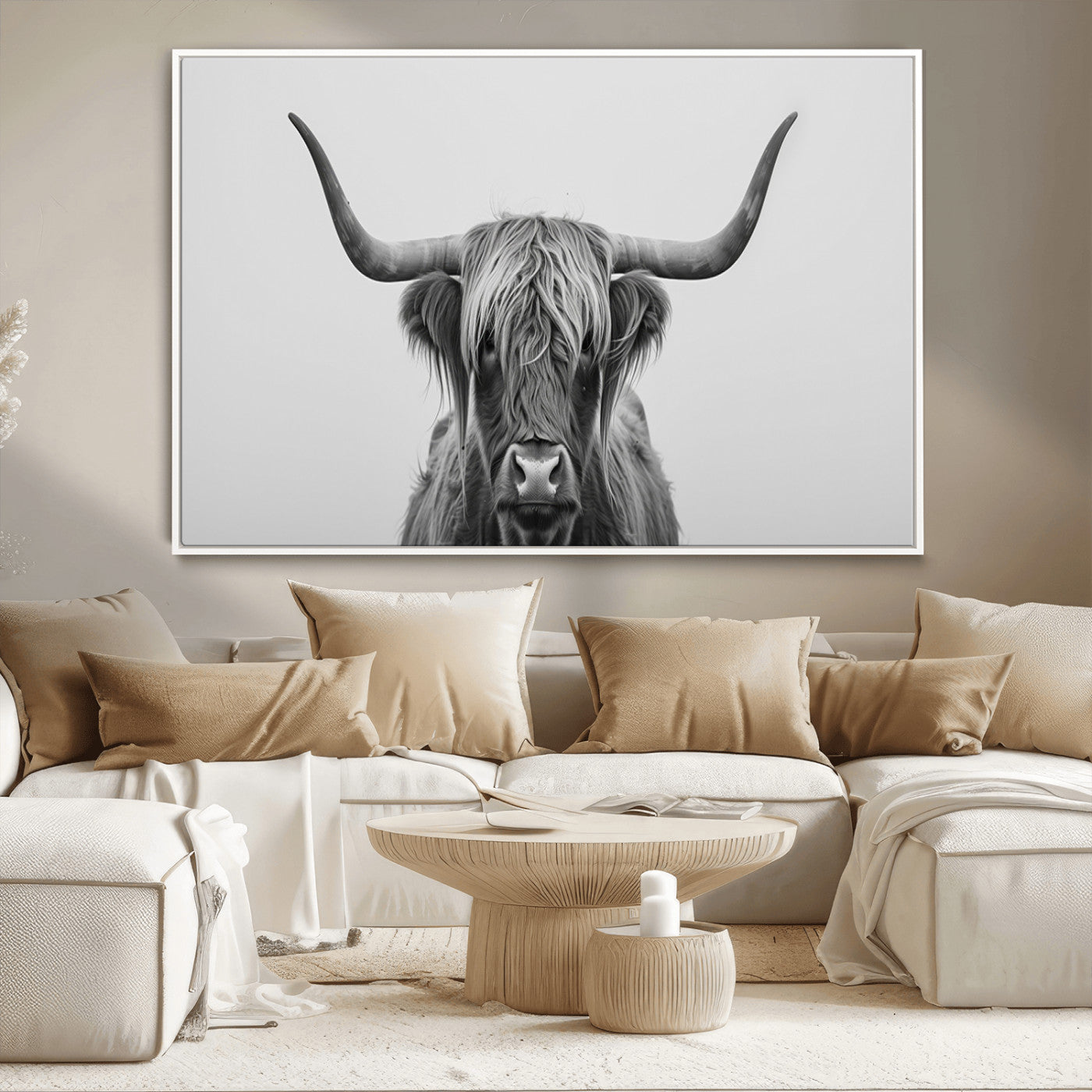 35820-MGV-CV-36X24-Minimalist Highland Cow Wall Art – Black and White Longhorn Cattle Canvas Print, Modern Farmhouse Animal Photography Decor for
