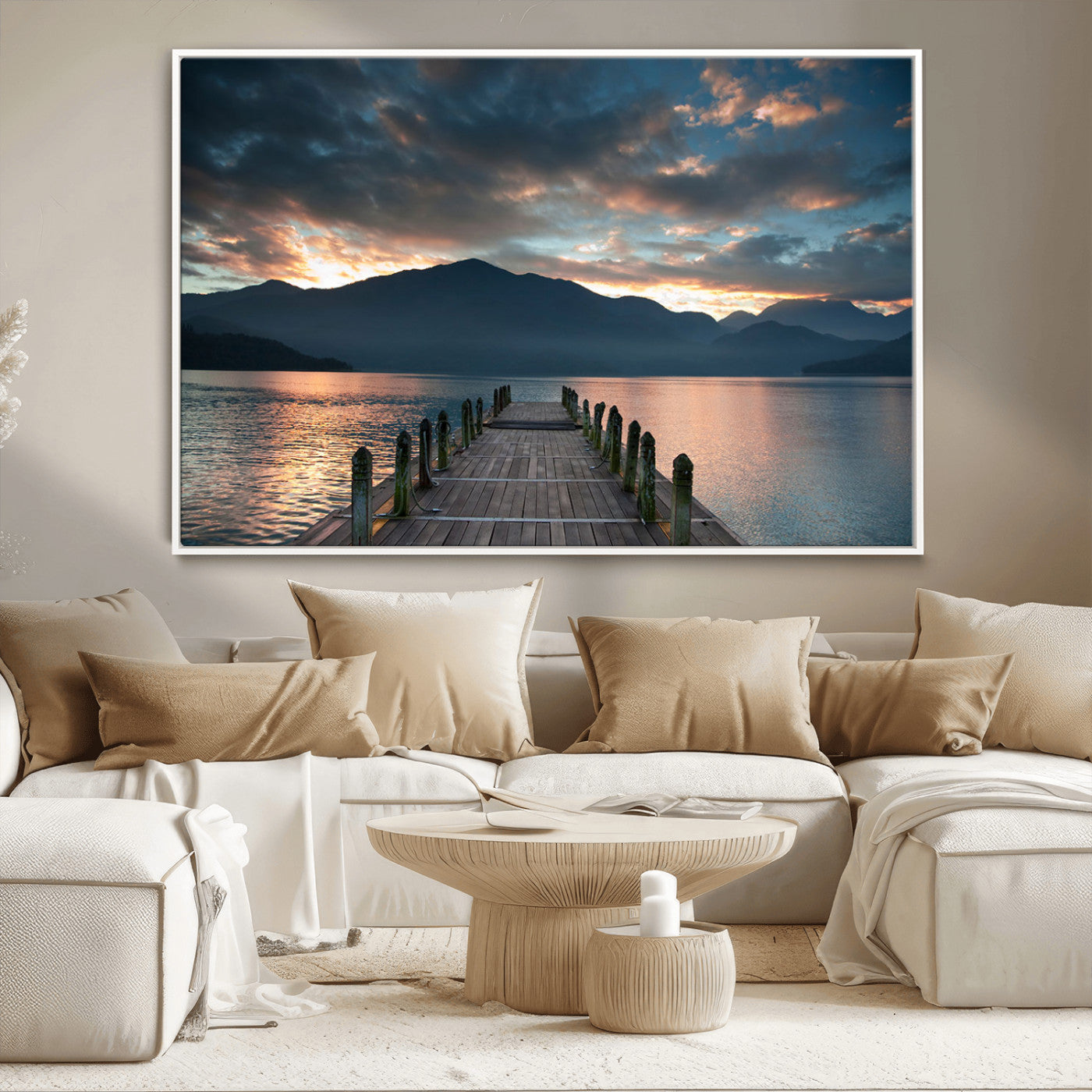 20442-MGV-CV-36X24-Lakeside Sunset Dock Wall Art – Peaceful Mountain Lake Canvas Print, Serene Nature Landscape Decor for Living Room, Bedroom or