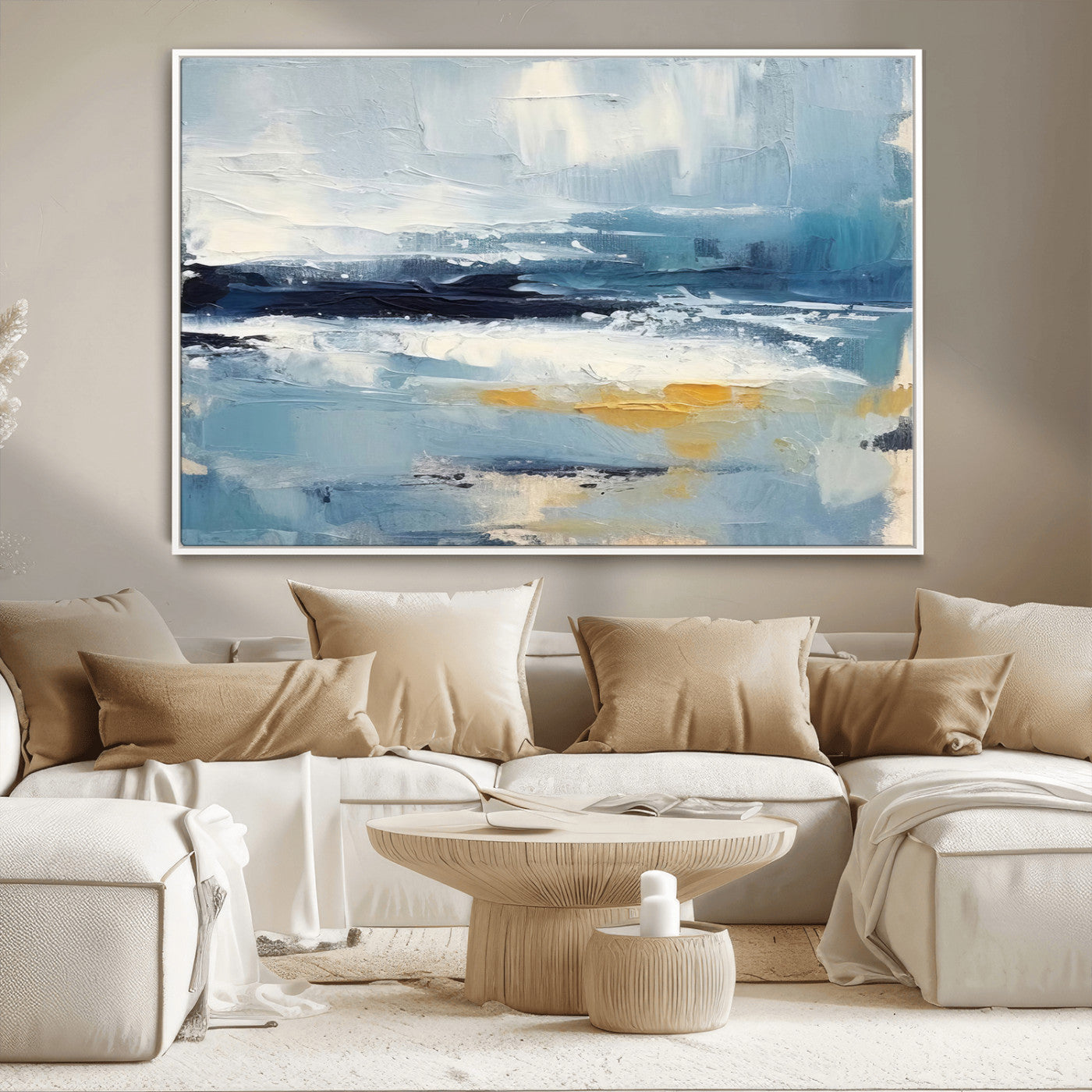 19746-MGV-CV-36X24-Abstract Ocean Wall Art – Modern Coastal Canvas Print with Blue, White and Gold Textures, Contemporary Seascape Painting for
