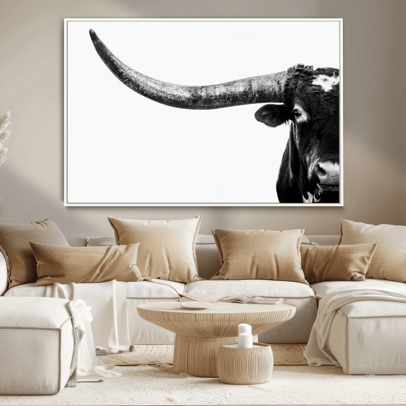 31699-MGV-CV-36X24-Longhorn Wall Art – Black and White Texas Longhorn Cow Canvas Print, Rustic Western Farmhouse Artwork for Living Room, Bedroom or