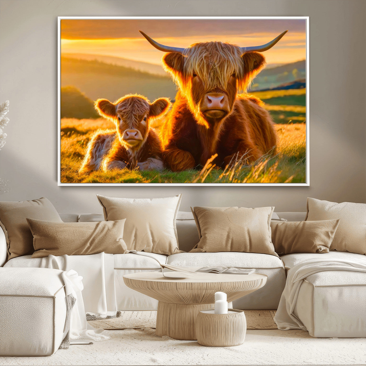 20567-MGV-CV-36X24-Highland Cow and Calf Wall Art – Rustic Farmhouse Sunset Cattle Canvas Print, Country Animal Artwork for Living Room, Bedroom, or