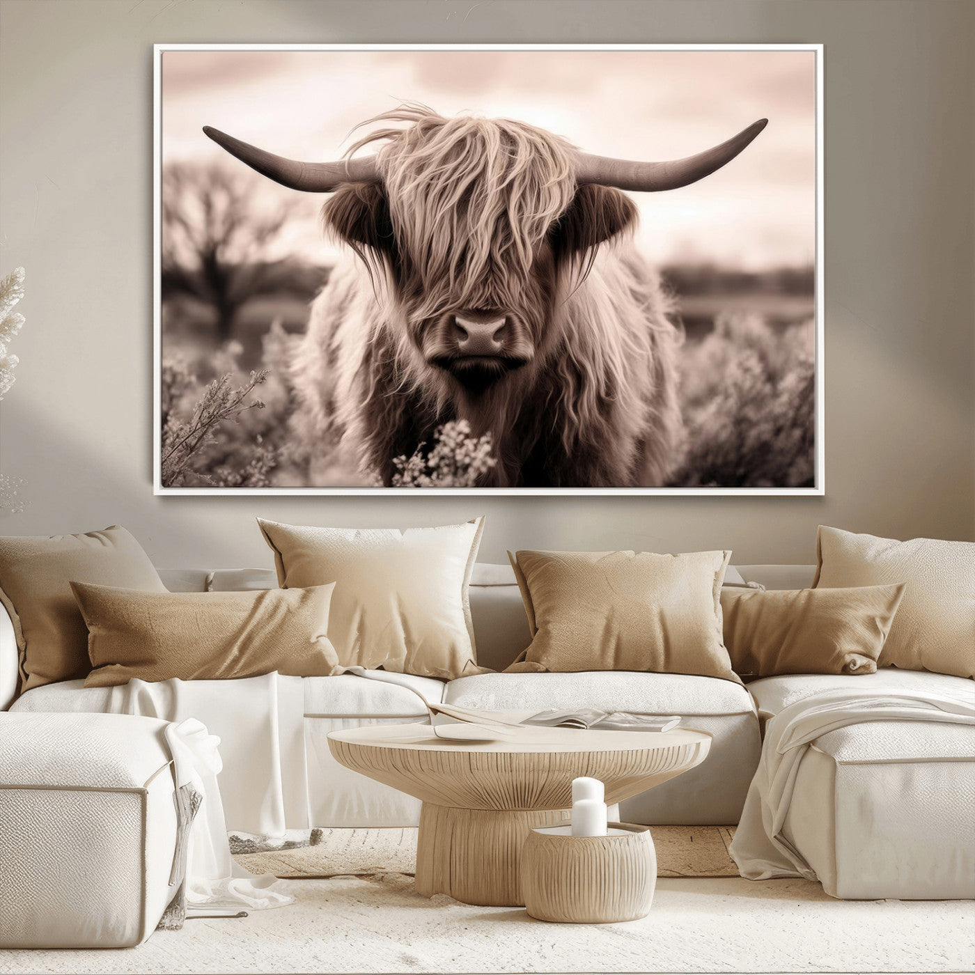 55903-MGV-CV-36X24-Highland Cow Wall Art – Rustic Sepia Scottish Highland Bull Canvas Print, Farmhouse Country Animal Decor for Living Room, Bedroom