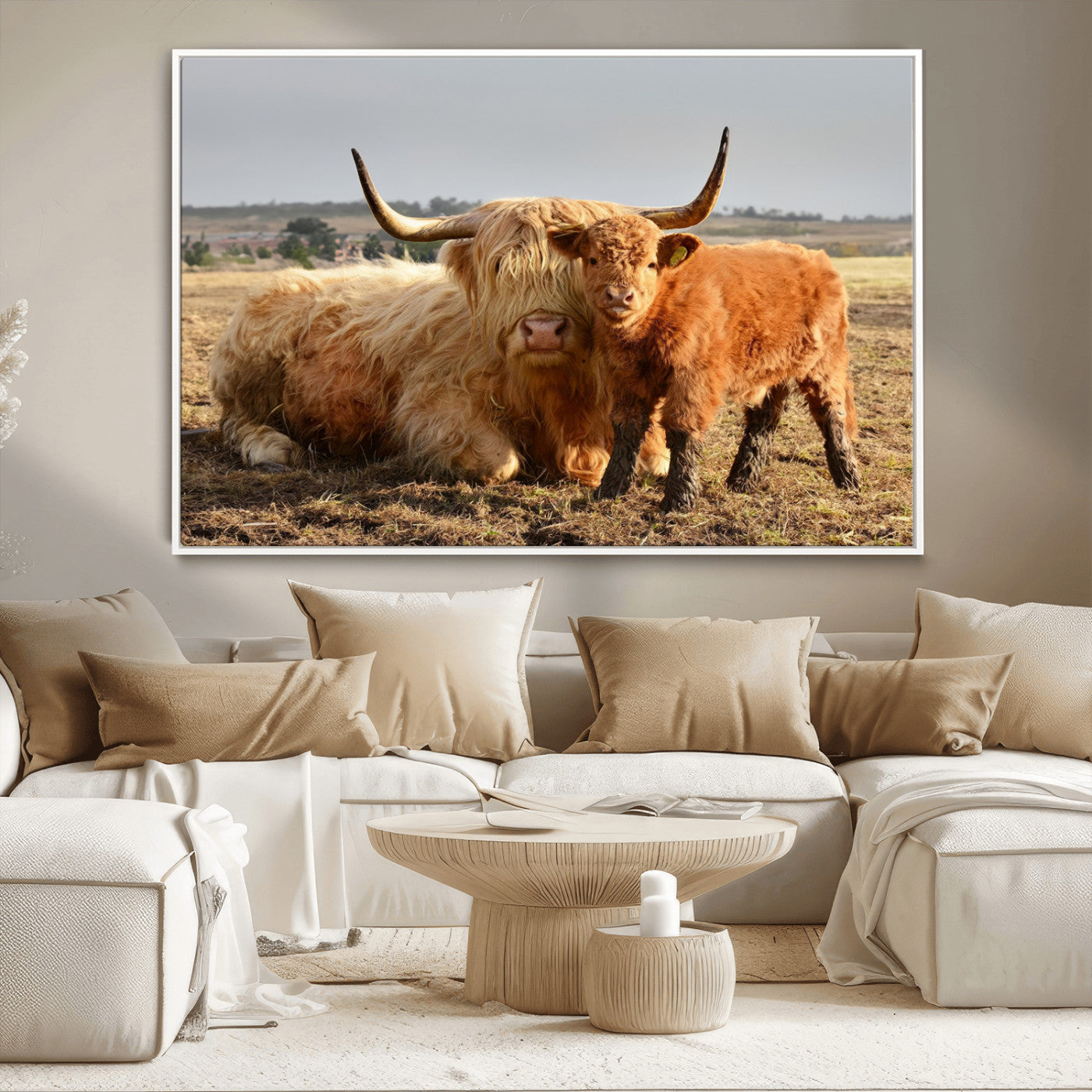 53461-MGV-CV-36X24-Highland Cow Family Wall Art – Rustic Farmhouse Animal Canvas Print, Country Decor for Living Room, Bedroom or Office, Calf and