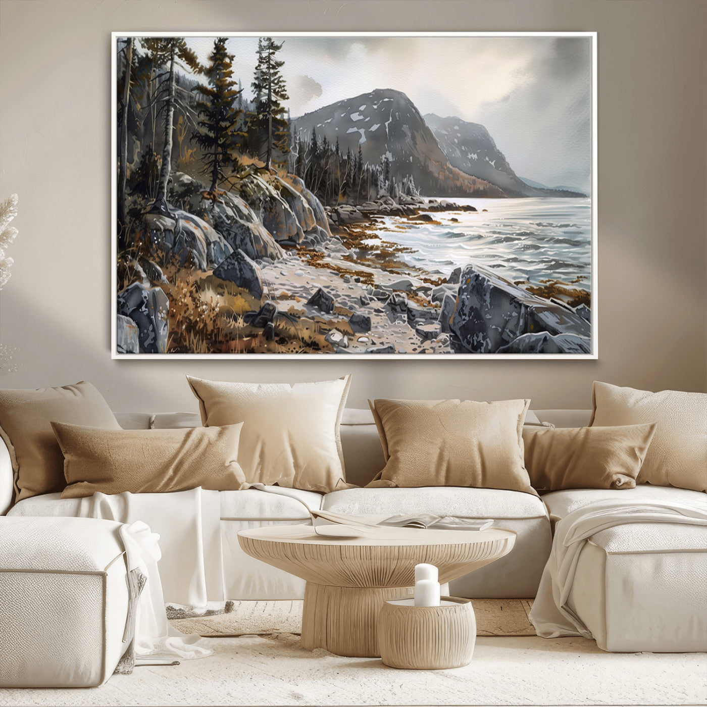 41281-MGV-CV-36X24-Rocky Shoreline Wall Art – Panoramic Mountain Coast and Forest Canvas Print, Rustic Nature Landscape Decor for Cabin, Lodge, or