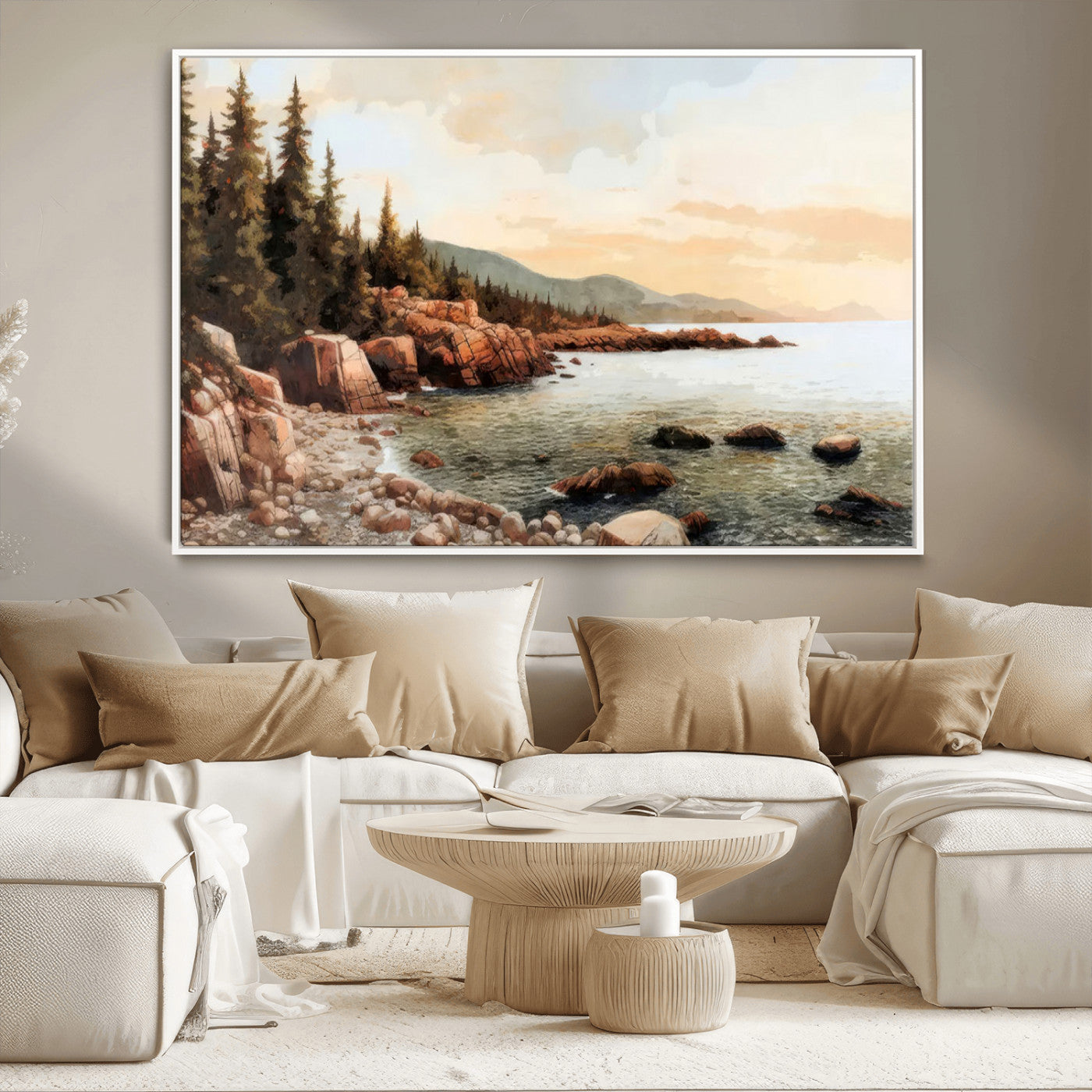 77145-MGV-CV-36X24-Coastal Landscape Wall Art – Panoramic Rocky Shoreline and Pine Trees Canvas Print, Rustic Nature Decor for Cabin, Lodge, Office,