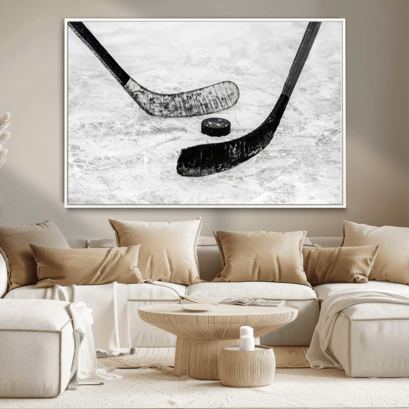 82900-MGV-CV-36X24-Hockey Wall Art – Black and White Canvas Print Ice Rink Sticks Puck Sports Photography, Modern Decor for Game Room, Man Cave,