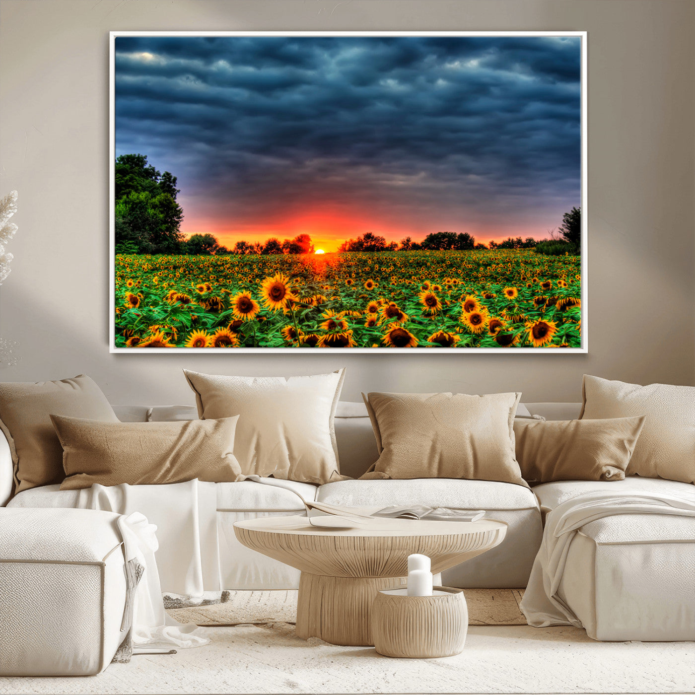45045-MGV-CV-36X24-Sunflower Field Sunset Wall Art – Dramatic Stormy Sky Landscape Print, Vibrant Yellow Floral Nature Canvas for Living Room,