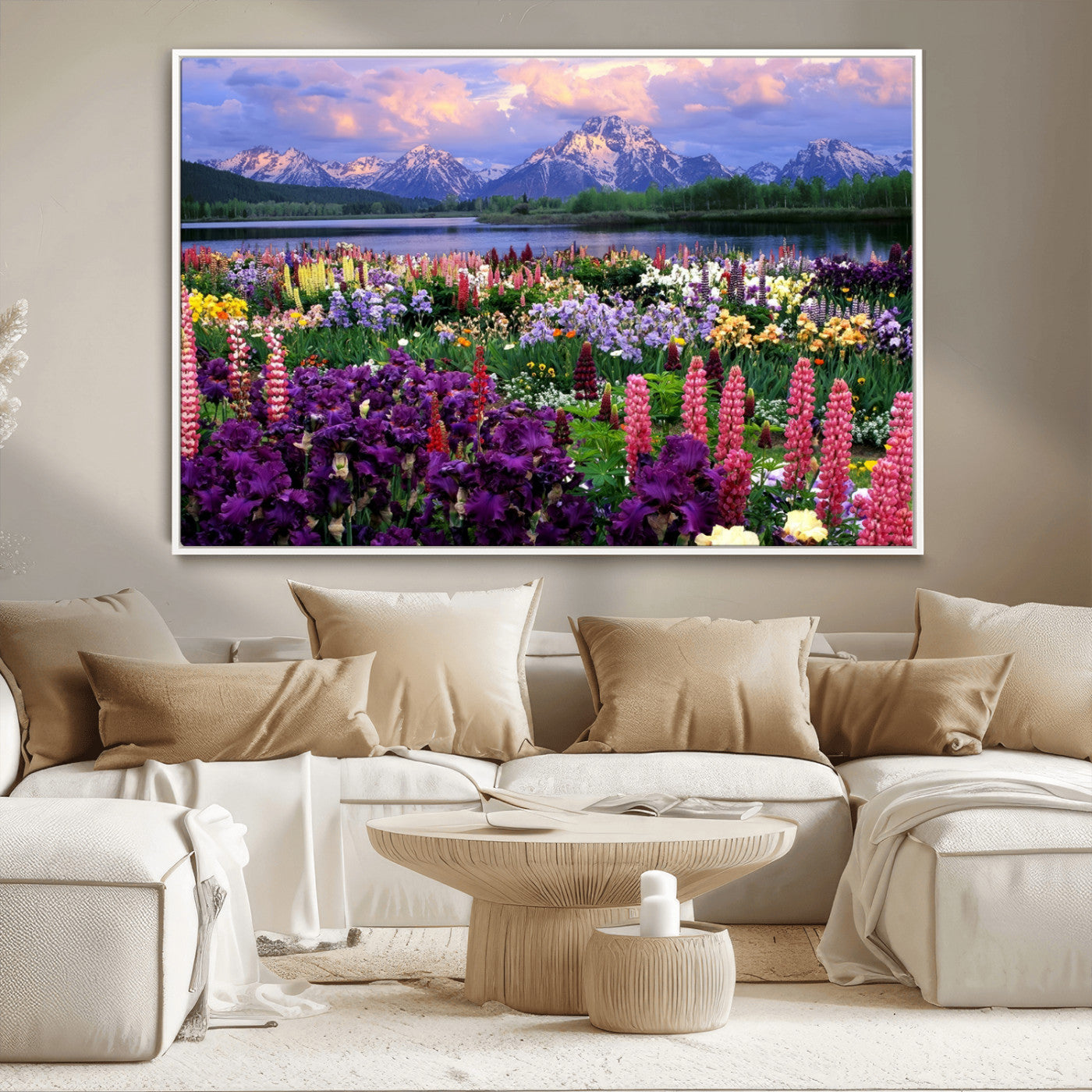 82270-MGV-CV-36X24-Colorful Wildflower Meadow Landscape Wall Art – Snow-Capped Mountain Lake Sunset Print, Vibrant Nature Artwork for Living Room,