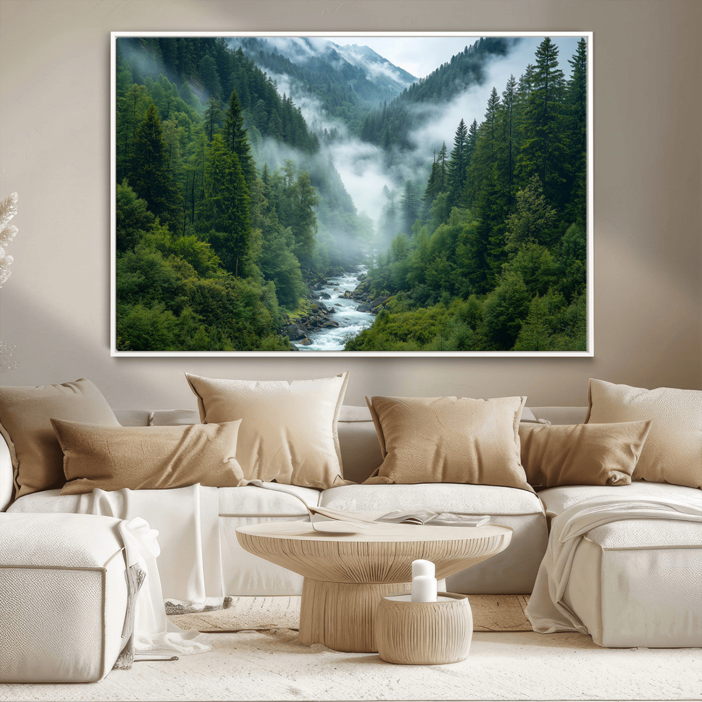 69453-MGV-CV-36X24-Mountain Forest Wall Art – Misty River and Evergreen Landscape Canvas Print, Nature Photography Poster for Living Room, Bedroom,