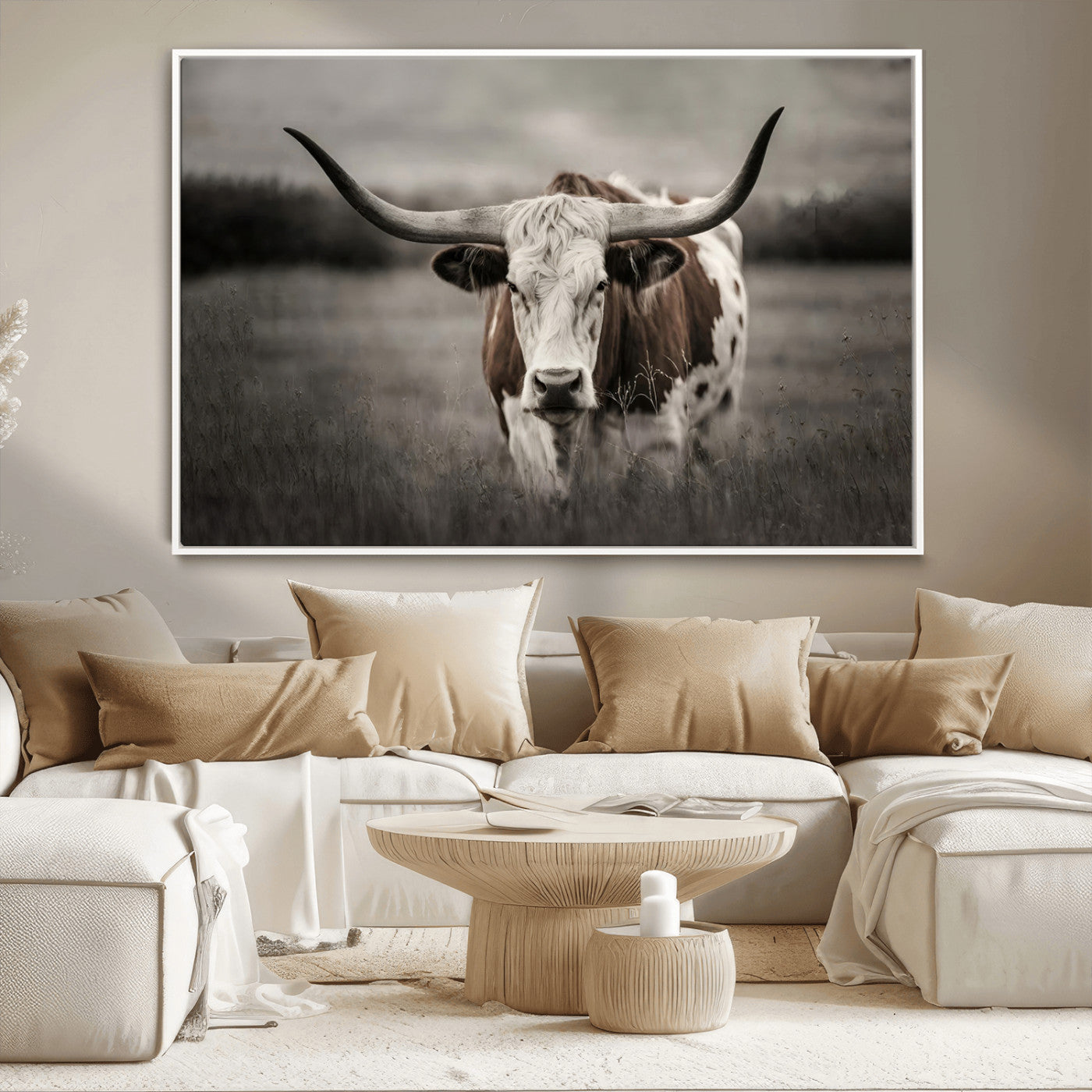 69238-MGV-CV-36X24-Longhorn Bull Wall Art – Rustic Black and White Texas Cattle Canvas Print, Western Farmhouse Animal Photography for Living Room,