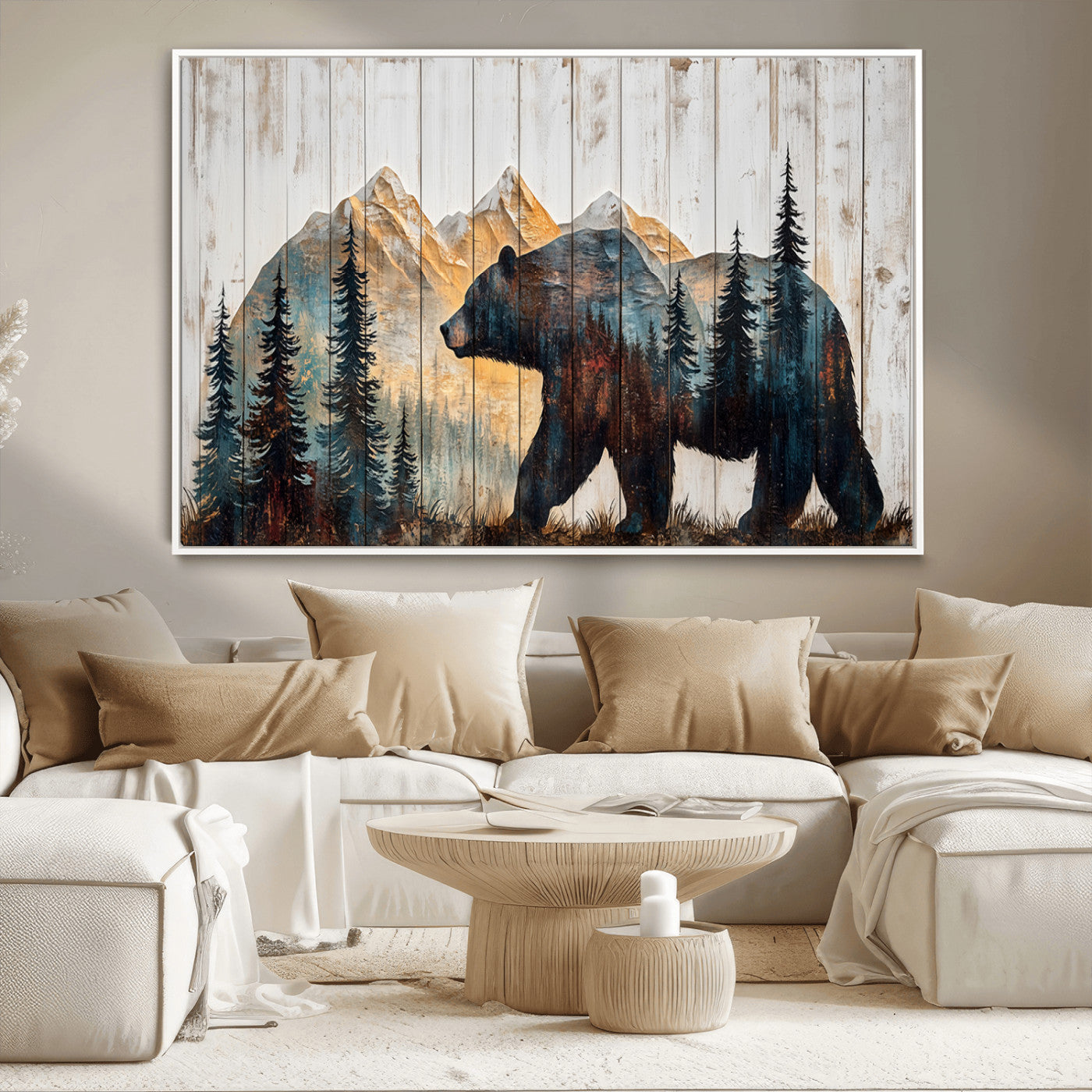 90077-MGV-CV-36X24-Wood Grizzly Bear Wall Art Canvas Print, Framed Abstract Bear Art Picture Print, Bear in Forest Perfect Rustic Lodge Decor Artwork