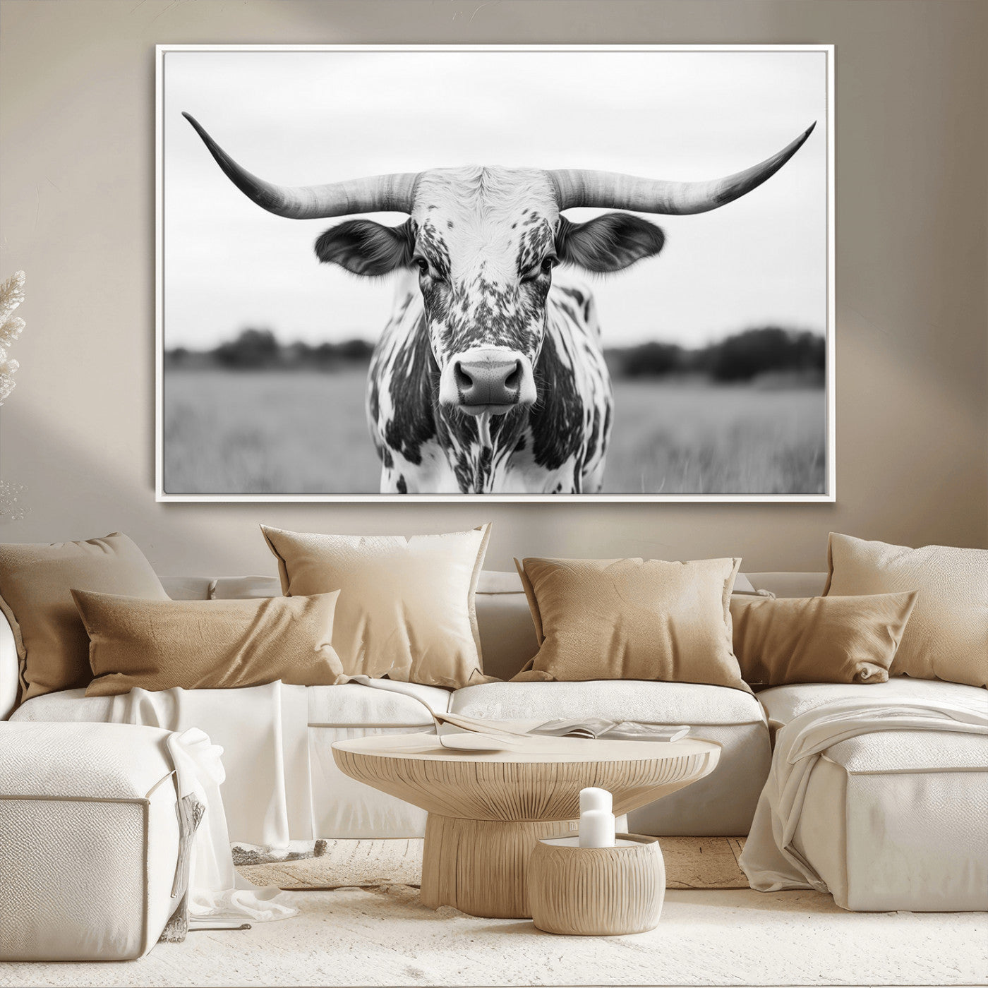 20272-MGV-CV-36X24-Texas Longhorn Wall Art – Black and White Cowboy Western Canvas Print, Rustic Farmhouse Cattle Photography Decor for Ranch, Barn