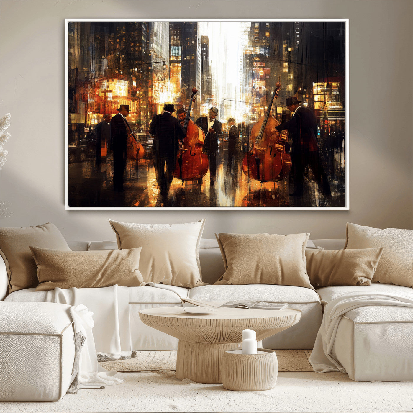 58782-MGV-CV-36X24-Jazz Musicians Cityscape Wall Art – Vibrant Urban Night Canvas Print, Elegant Music Themed Decor for Living Room, Office, or Music