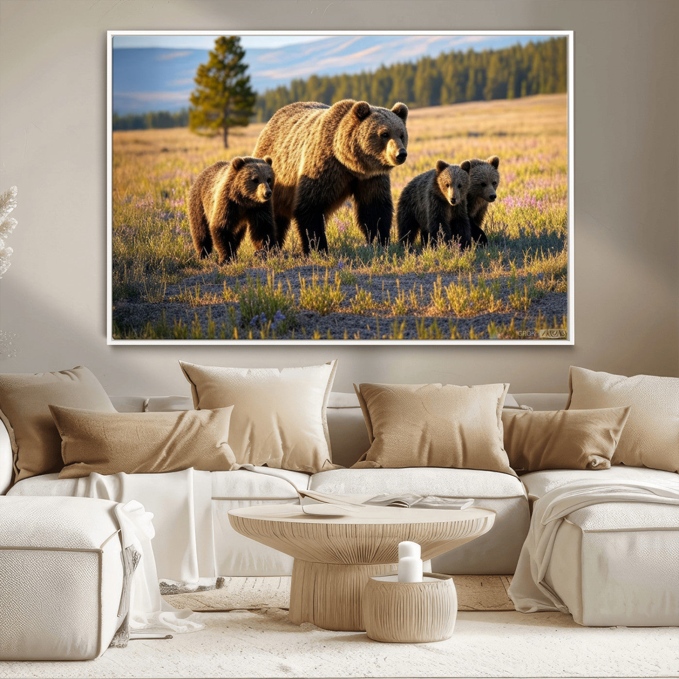 43400-MGV-CV-36X24-Bear Family Wall Art – Wildlife Canvas Print of Mother Bear with Cubs in Sunlit Meadow, Rustic Animal Artwork for Living Room,