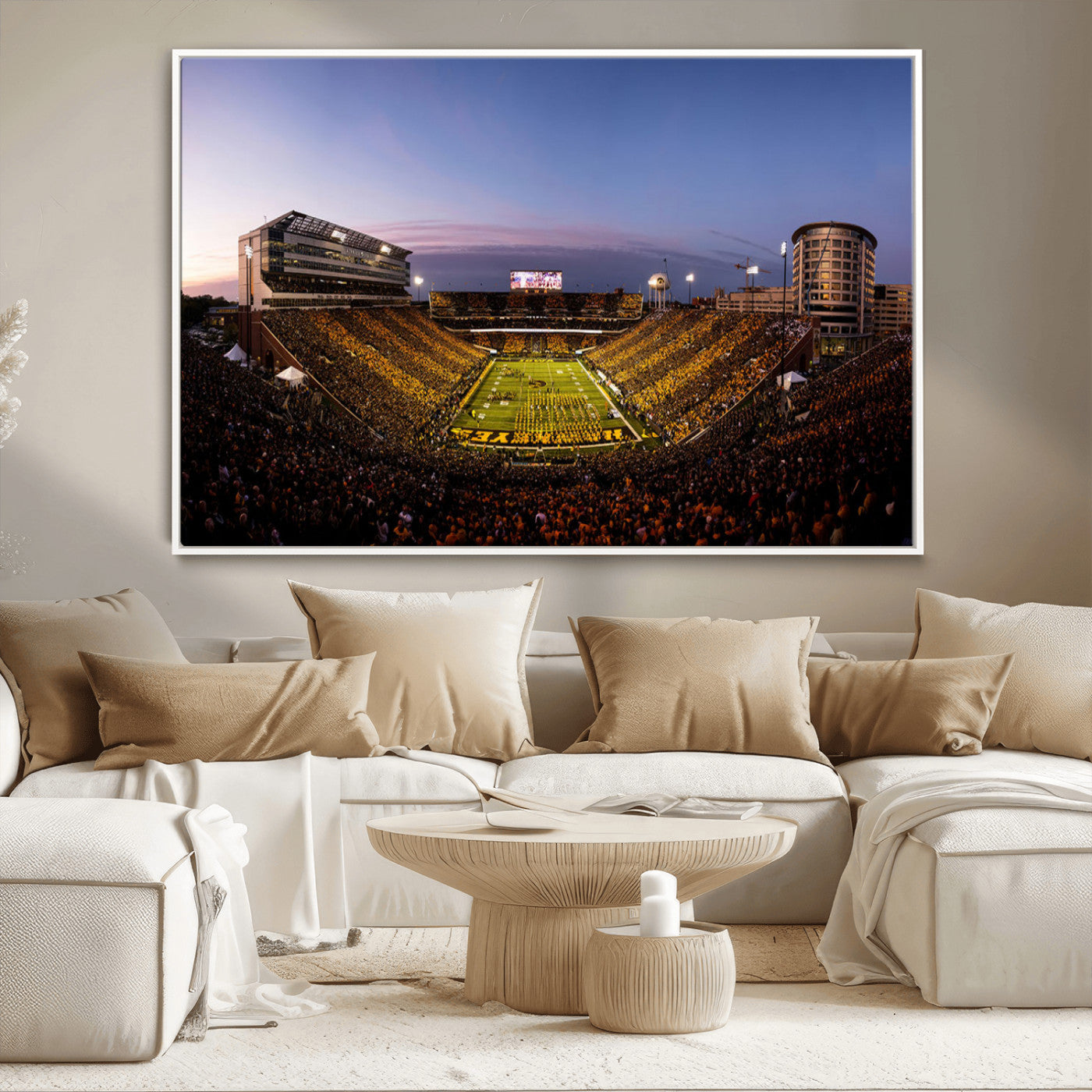 82557-MGV-CV-36X24-College Football Stadium Wall Art – Panoramic Sunset Canvas Print with Marching Band and Game Day Crowd, Sports Artwork for Man