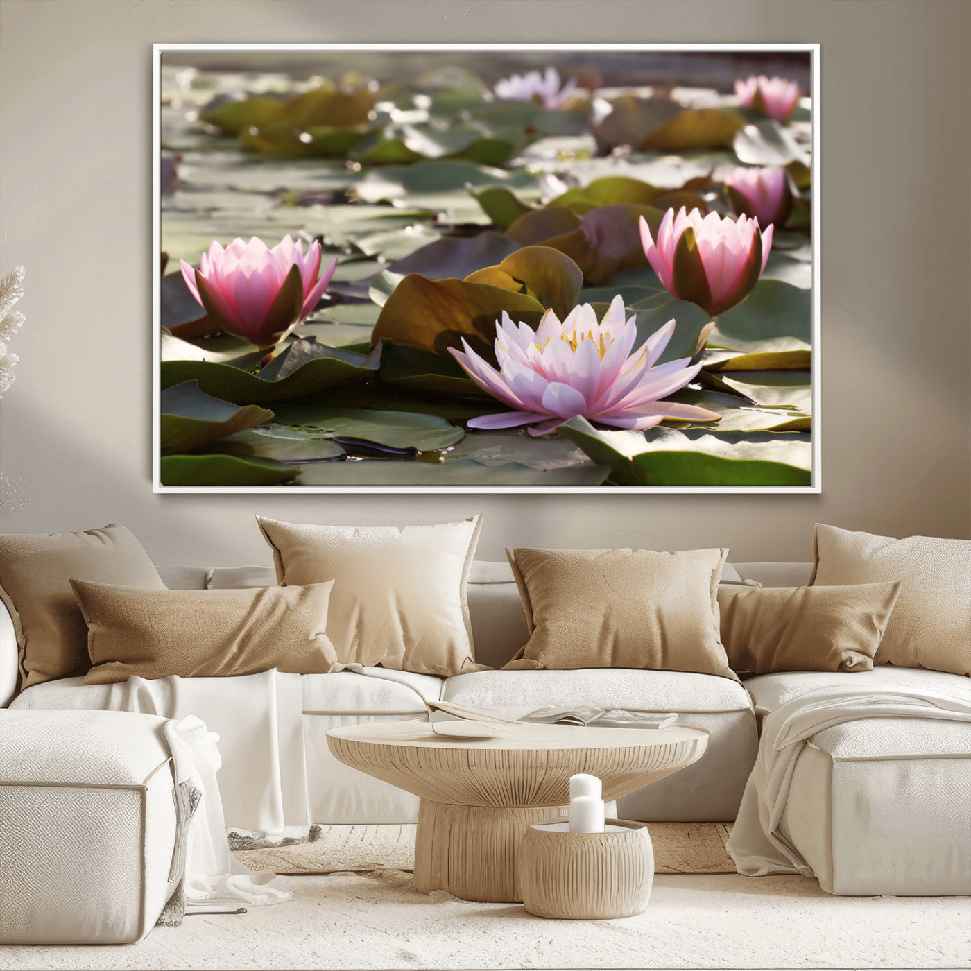 28394-MGV-CV-36X24-Water Lily Pond Wall Art – Pink Lotus Flowers Canvas Print with Green Lily Pads, Peaceful Botanical Artwork for Living Room,