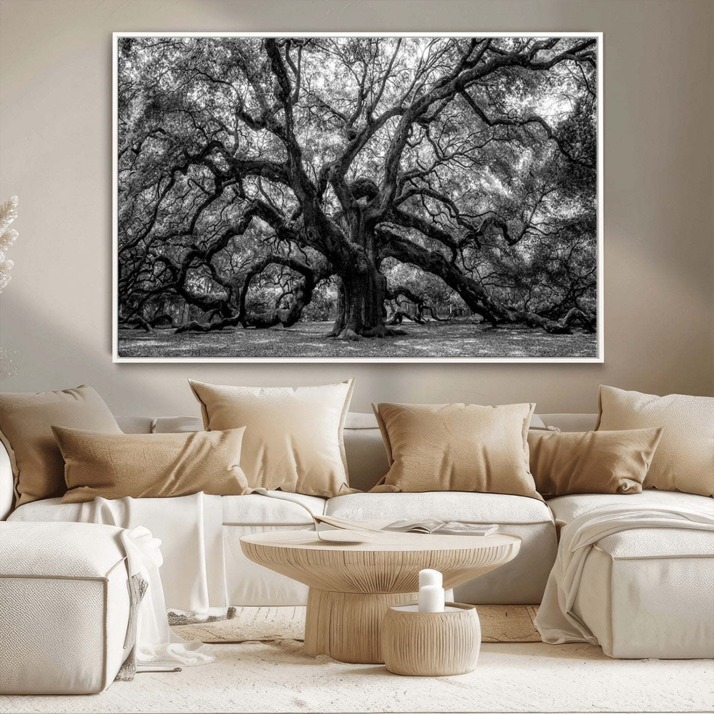 132944706-MGV-CV-36X24-Ancient Tree Wall Art – Black and White Photography Canvas Print Featuring Majestic Twisting Branches, Rustic Nature Artwork for
