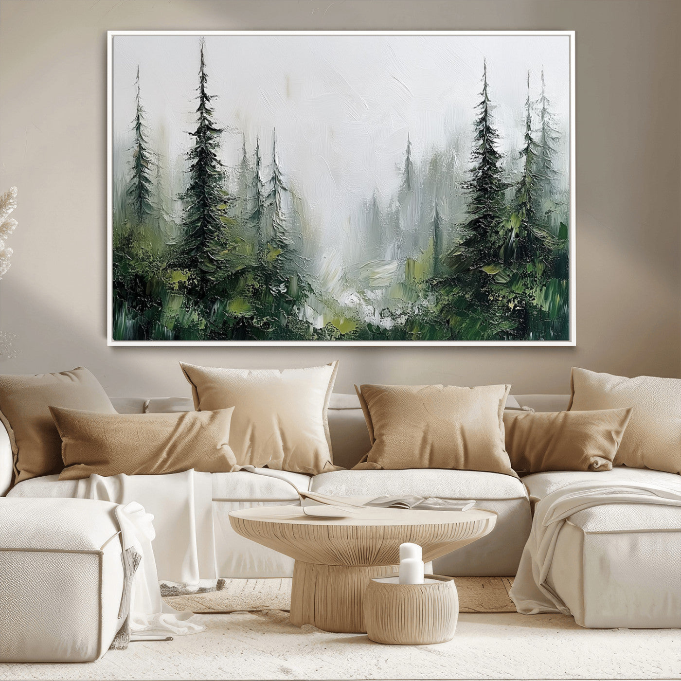 76014-MGV-CV-36X24-Forest Wall Art – Textured Canvas Print Featuring Misty Evergreen Pines and Woodland Landscape, Rustic Nature Artwork for Living