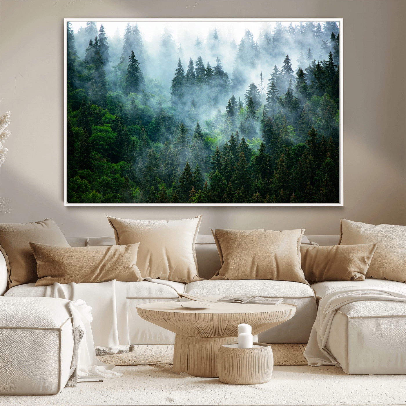 17393683-MGV-CV-36X24-Misty Forest Art Wall Art Canvas Print, Framed Foggy Mountain Art Art Picture Print, Scenic Wall Print Perfect Decor Artwork