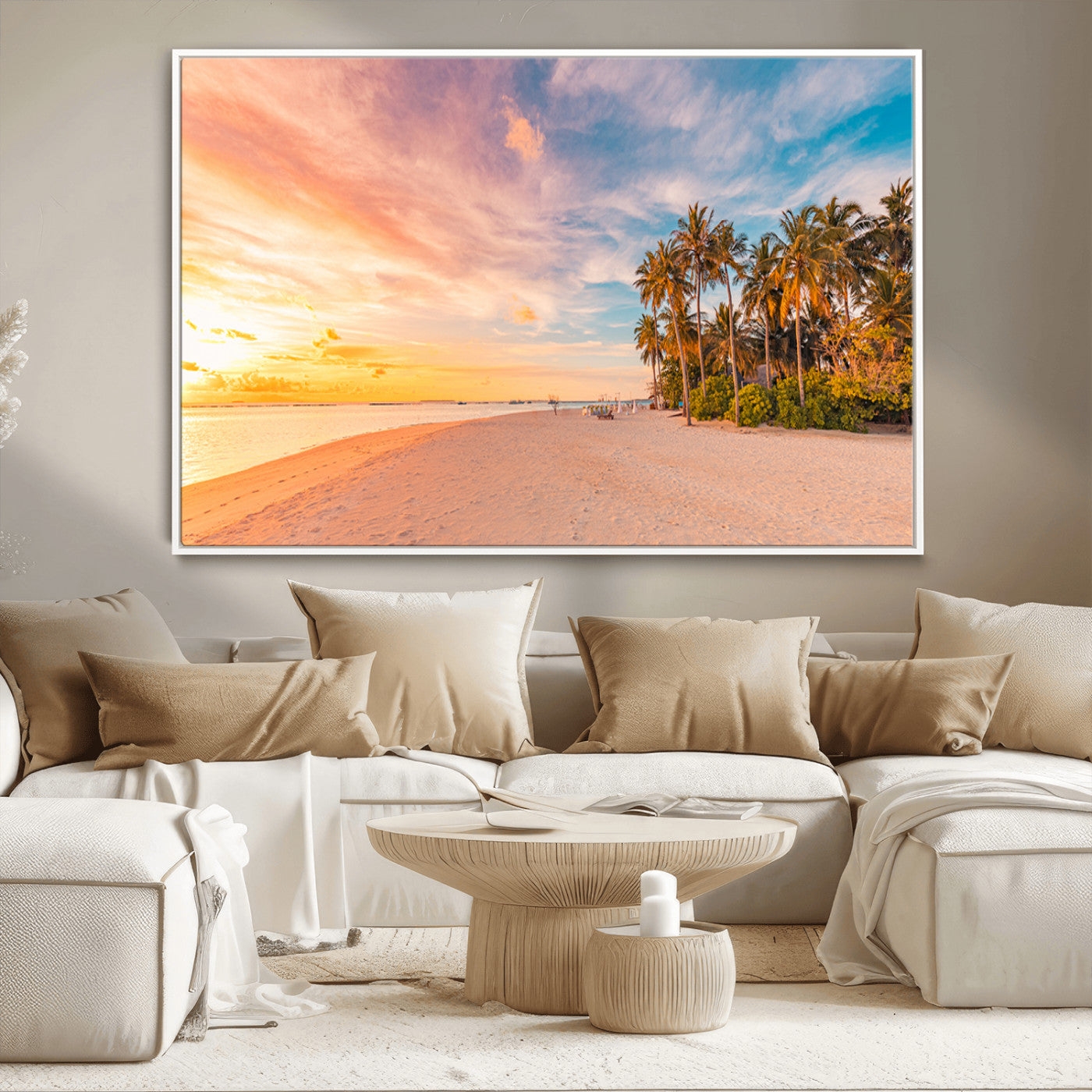 41542880-MGV-CV-36X24-Tropical Beach Wall Art Canvas Print, Framed Palm Trees Art Picture Print, Sunset Shore Perfect Tropical Coastal Decor Artwork